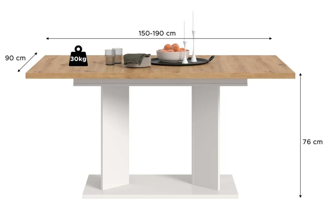 Esstisch Gustav | ausziehbar | Säulen-Fußgestell | Artisan Eiche / weiß | verschiedene Größen