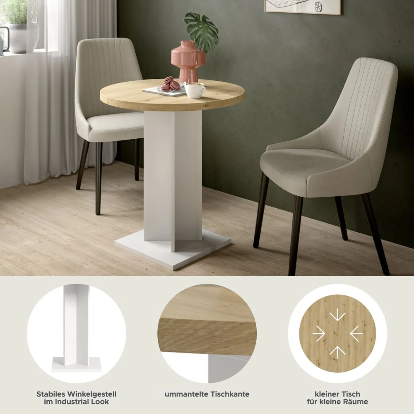 Esstisch Gustav rund | Säulen-Fußgestell | Artisan Eiche / weiß