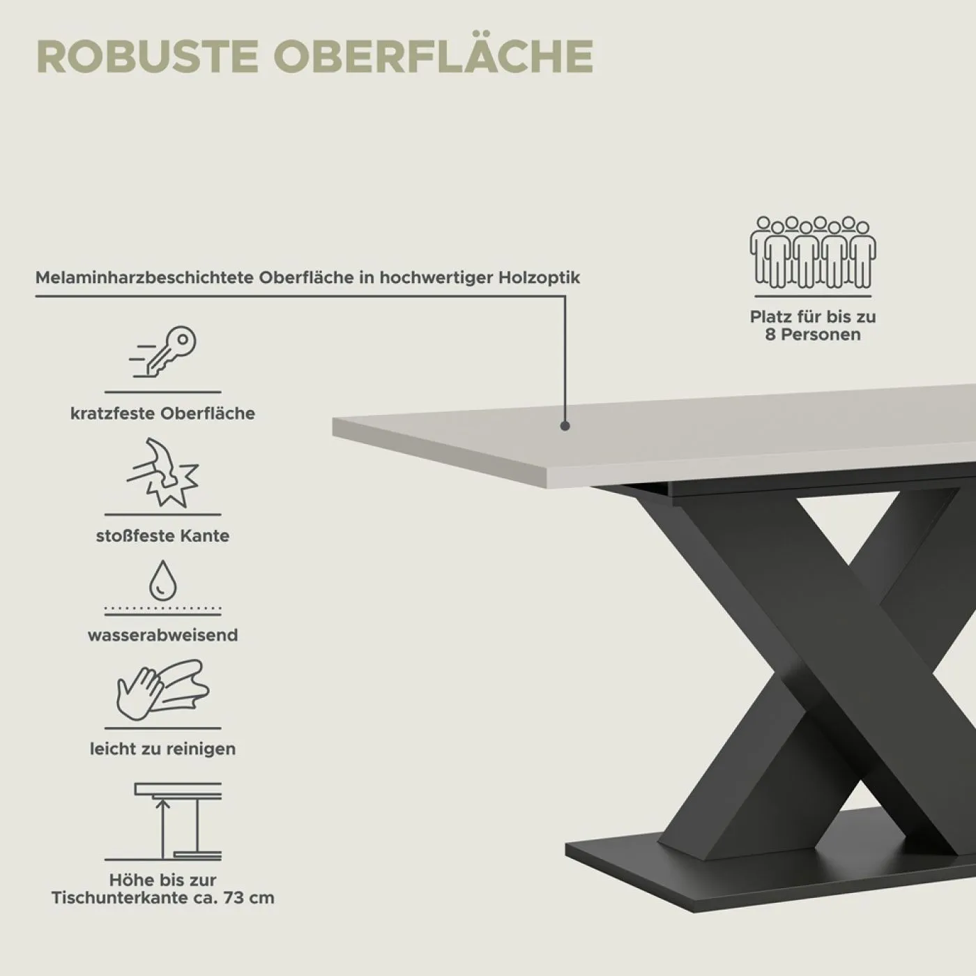 Esstisch Motion 1a | ausziehbar | X-Fuß | grau / Kaschmir | 150(190)x90