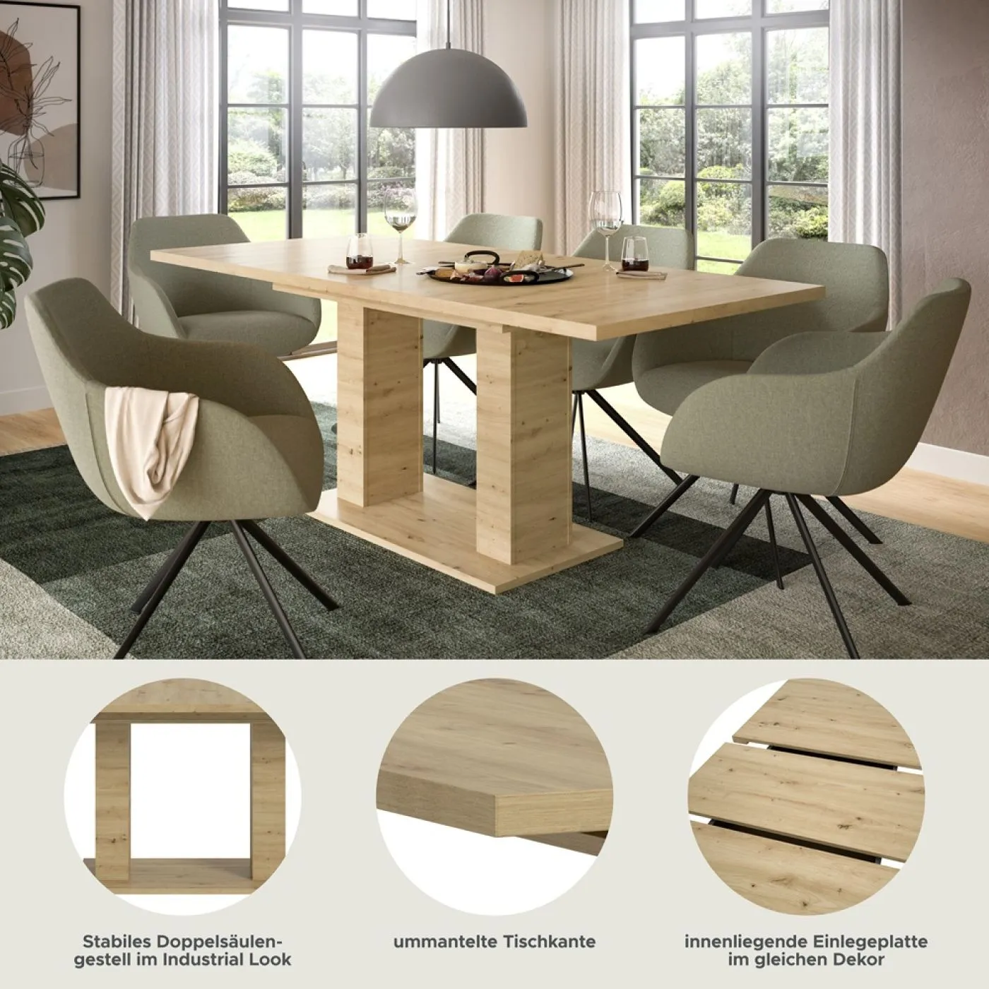 Esstisch Motion | ausziehbar | Doppelsäulen-Fußgestell | Eiche Artisan | 150(190)x90