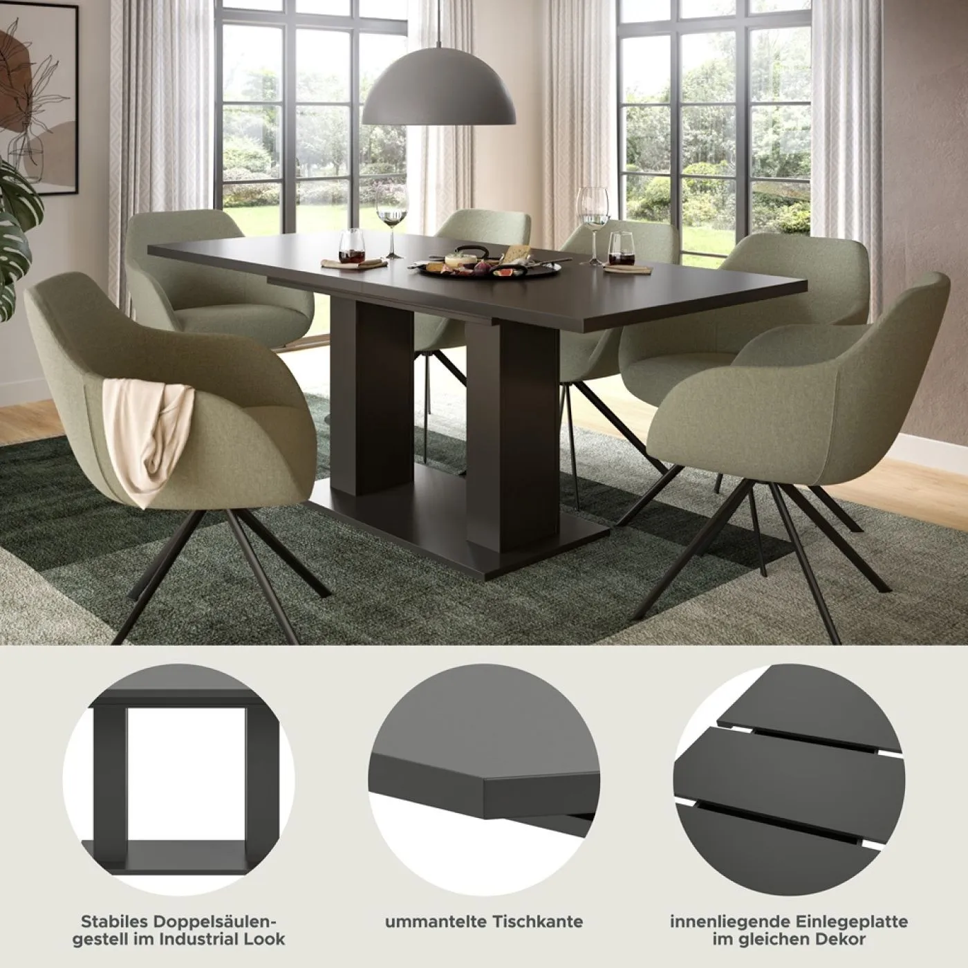 Esstisch Motion | ausziehbar | Doppelsäulen-Fußgestell | grau | 150(190)x90