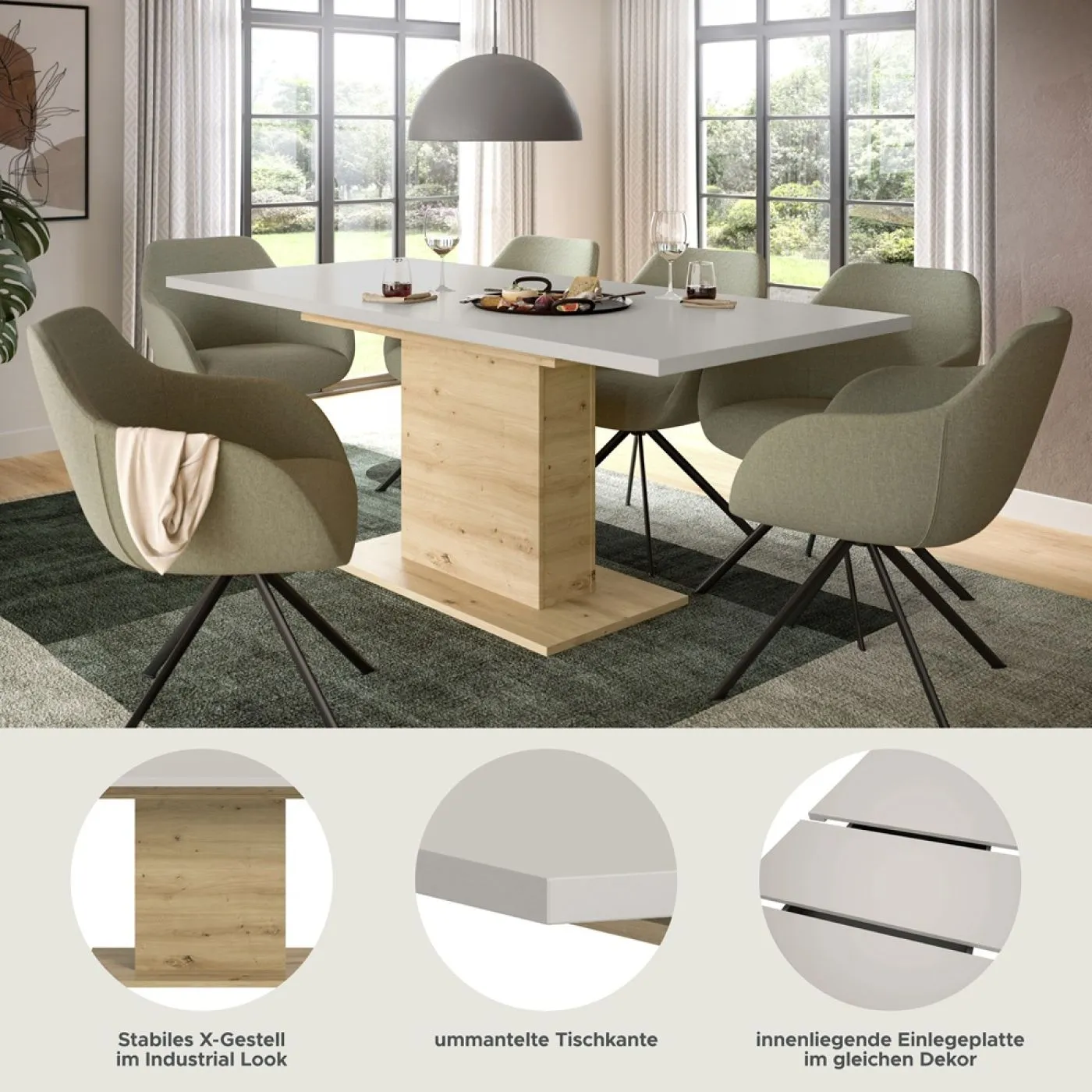 Esstisch Motion | ausziehbar | Säule | Kaschmir / Artisan |150(190)x90