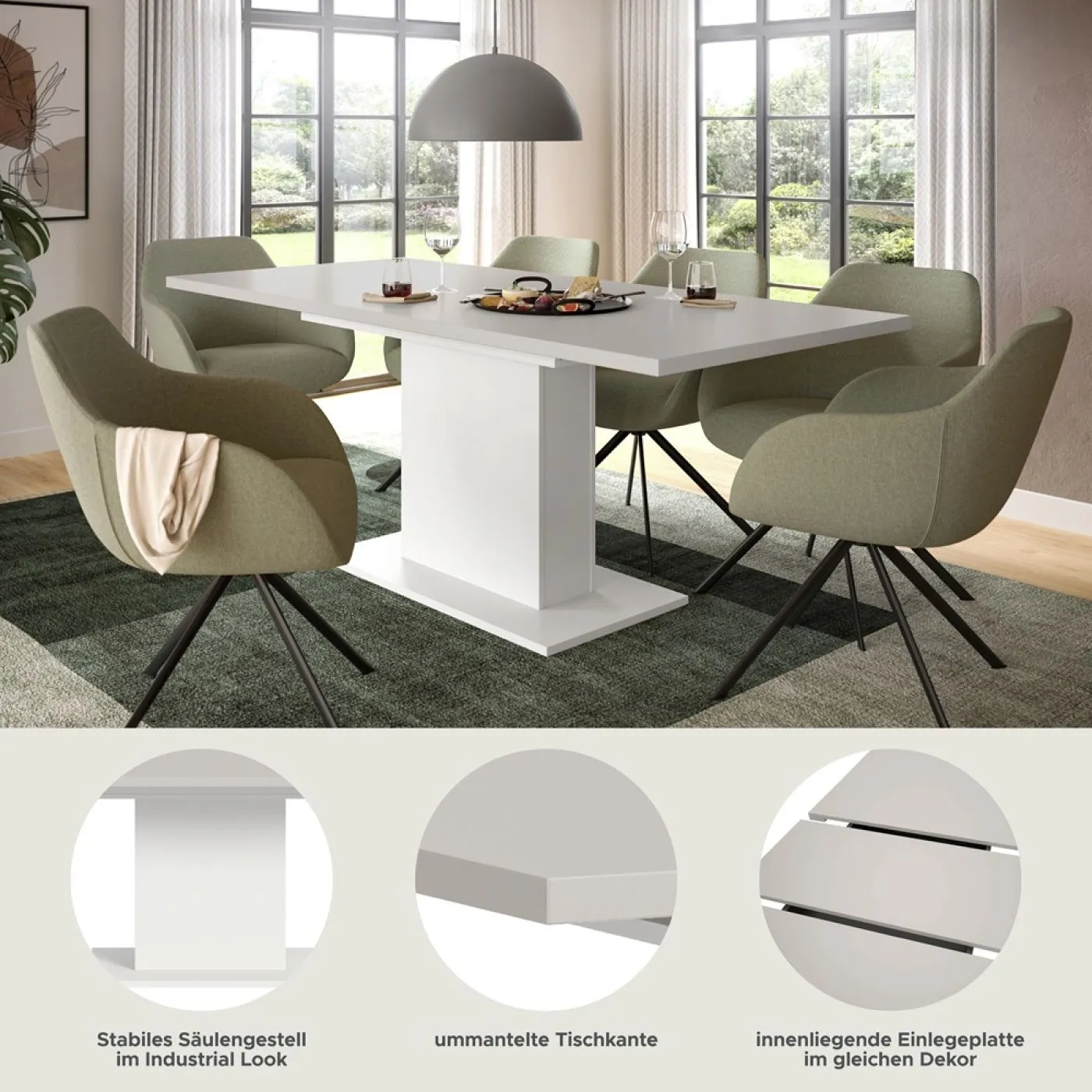 Esstisch Motion | ausziehbar | Säule | weiß / Kaschmir | 150(190)x90