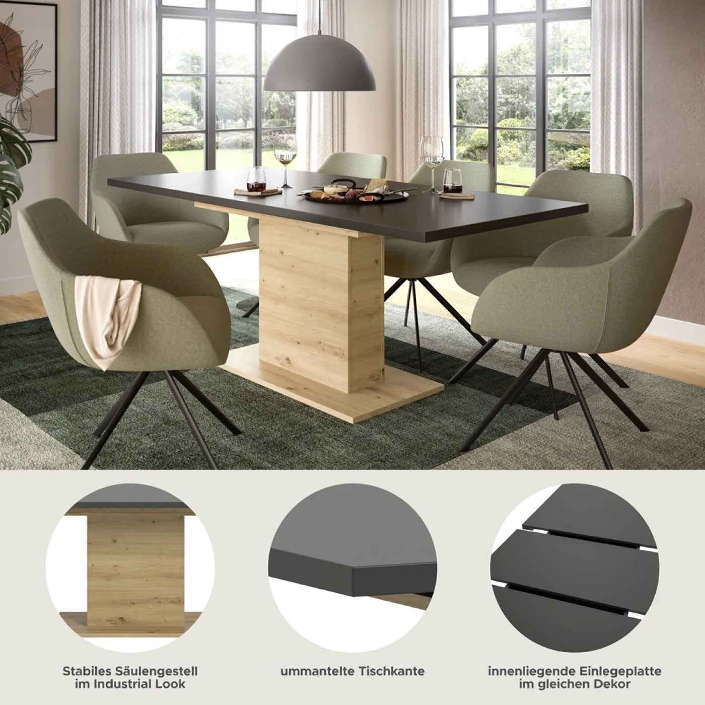 Esstisch Motion | ausziehbar | Säulen-Fußgestell | Artisan Eiche / grau | 150(190)x90