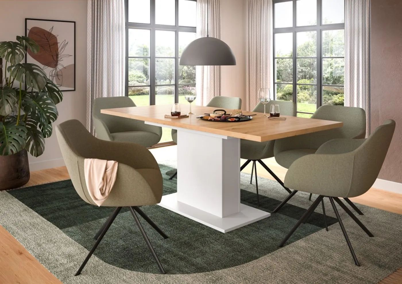 Esstisch Motion | ausziehbar | Säulen-Fußgestell | Artisan Eiche / weiß | 150(190)x90