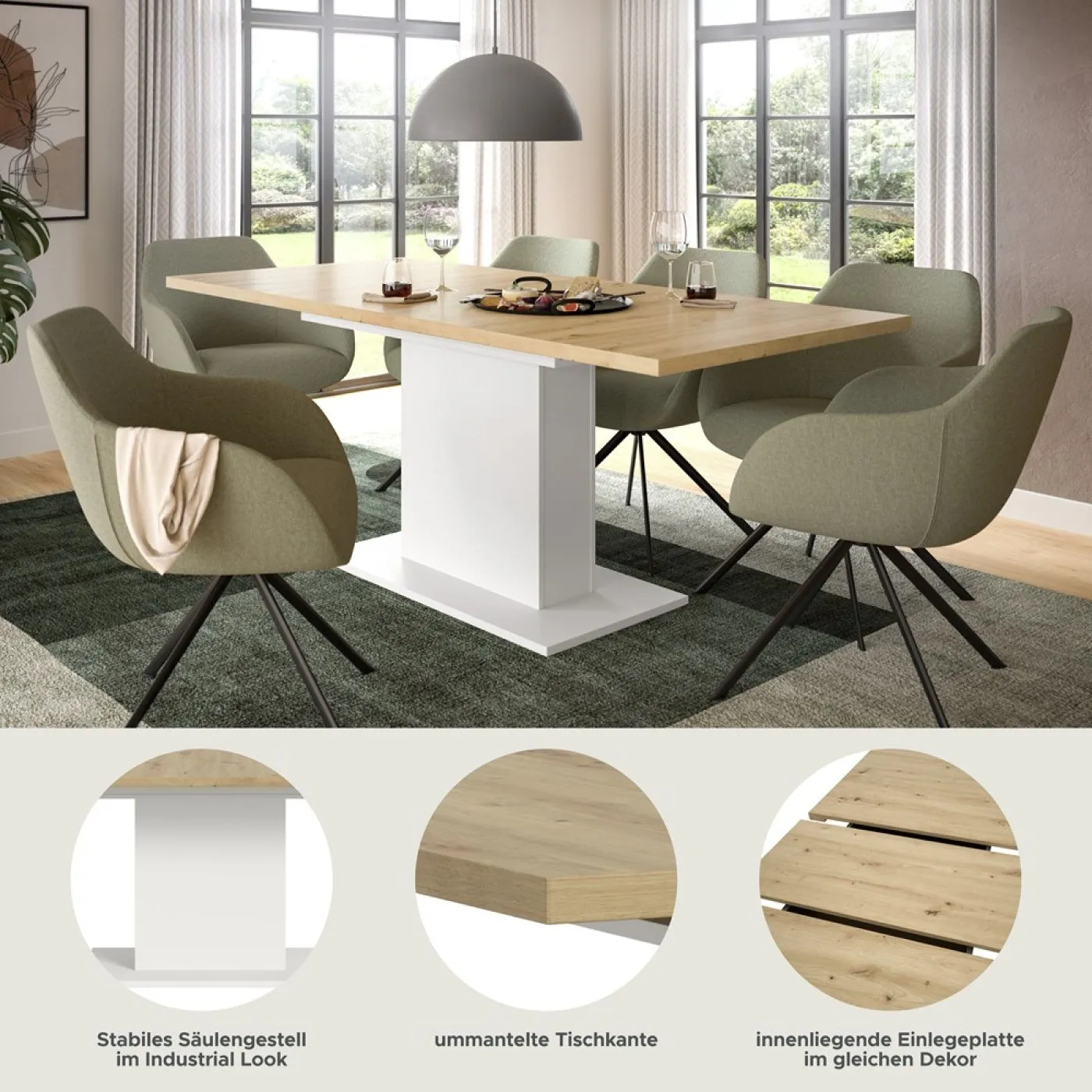 Esstisch Motion | ausziehbar | Säulen-Fußgestell | Artisan Eiche / weiß | 150(190)x90