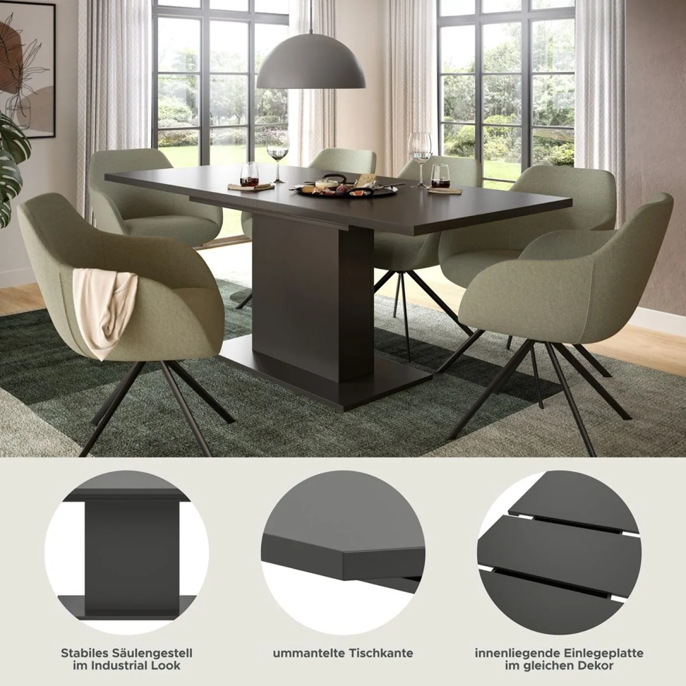 Esstisch Motion | ausziehbar | Säulen-Fußgestell | grau | 150(190)x90