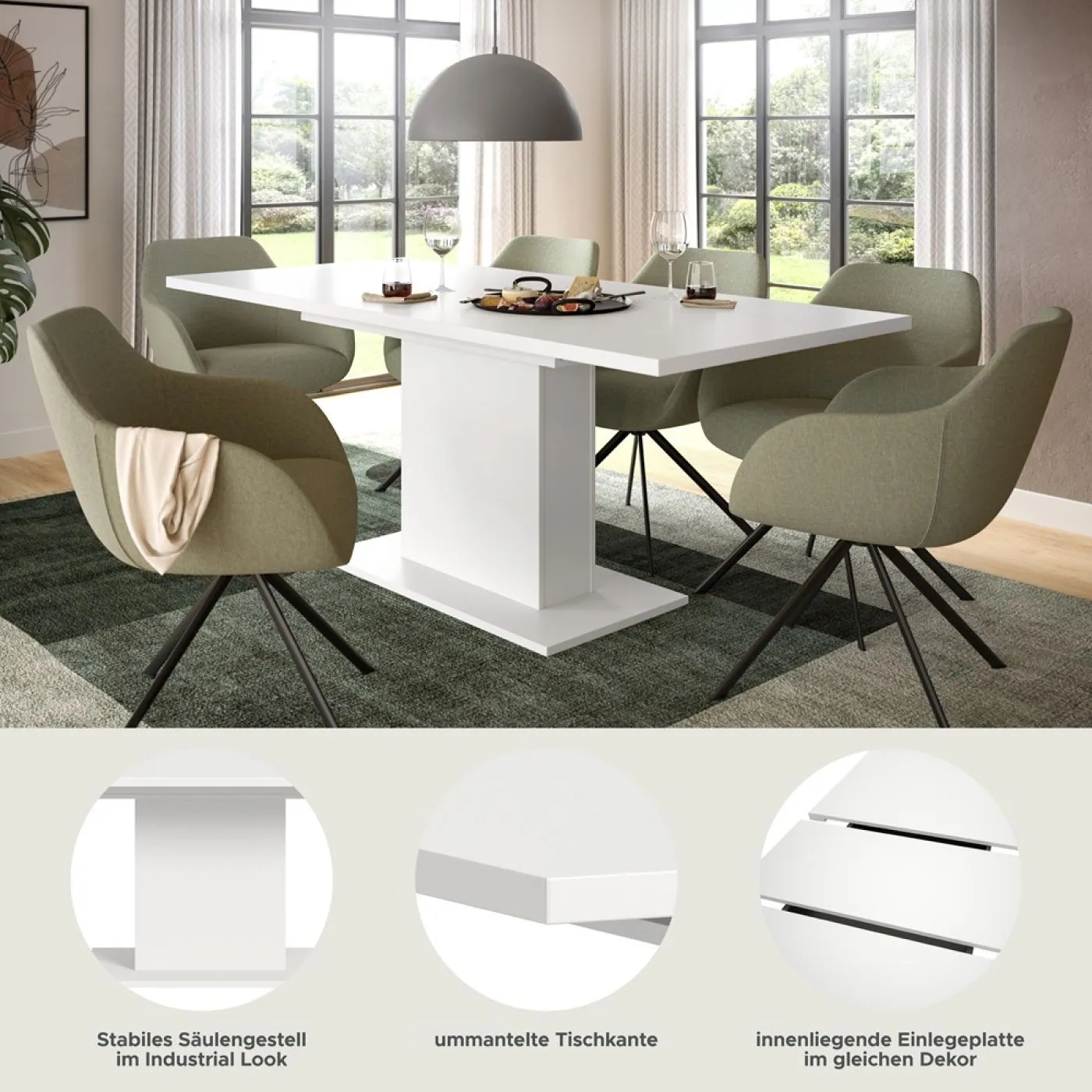 Esstisch Motion | ausziehbar | Säulen-Fußgestell | weiß | 150(190)x90