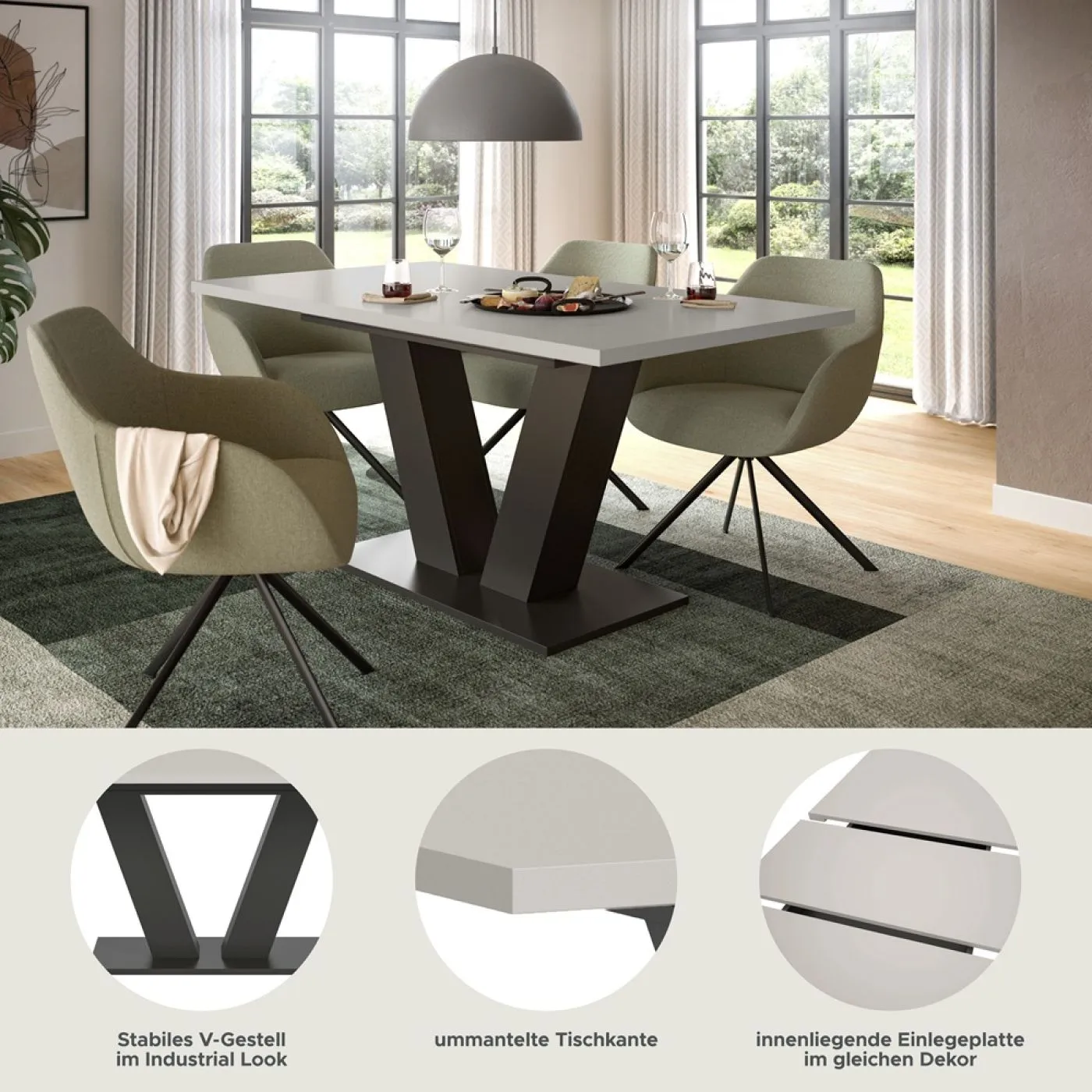 Esstisch Motion | ausziehbar | V-Fuß | grau / Kaschmir | 150(190)x90