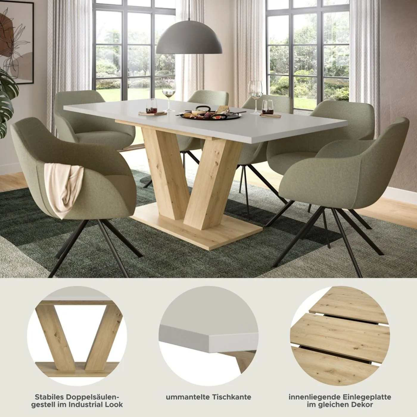 Esstisch Motion | ausziehbar | V-Fuß | Kaschmir / Artisan |150(190)x90