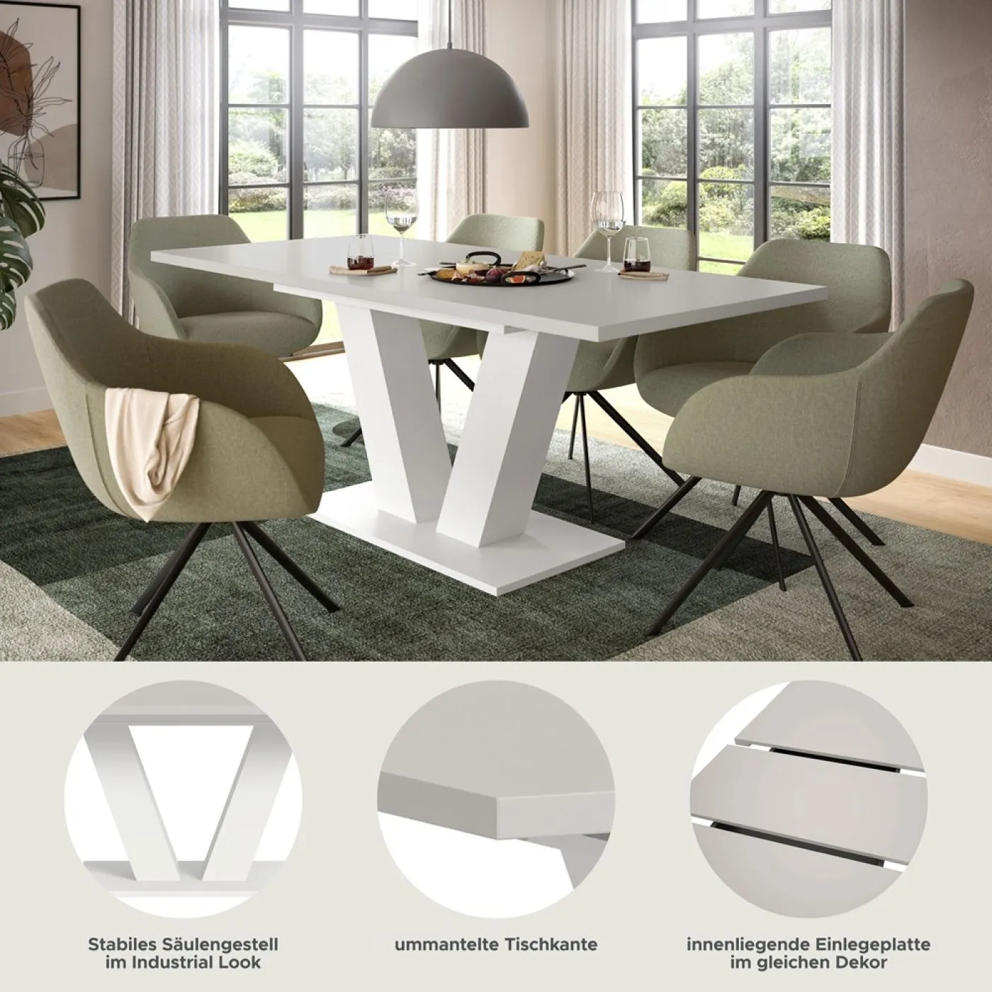 Esstisch Motion | ausziehbar | V-Fuß | weiß / Kaschmir | 150(190)x90