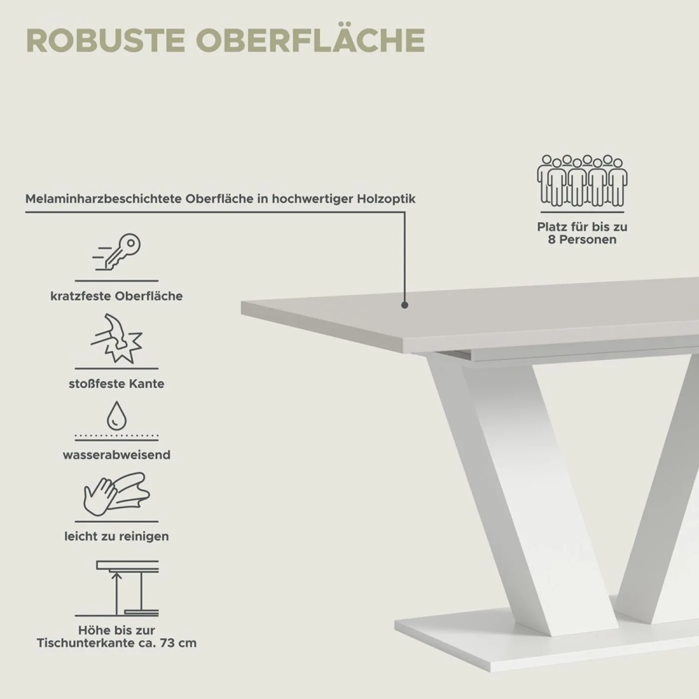 Esstisch Motion | ausziehbar | V-Fuß | weiß / Kaschmir | 150(190)x90