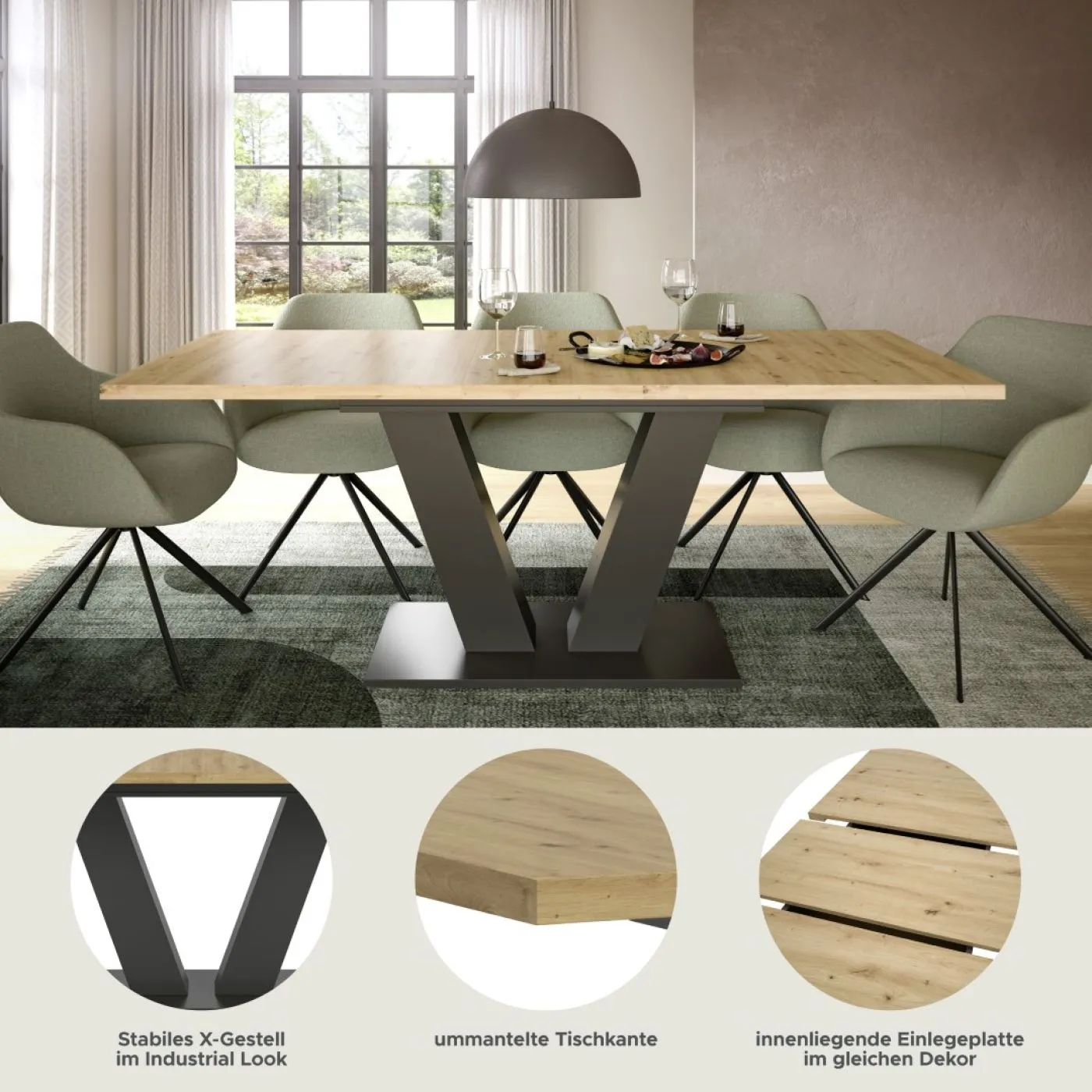 Esstisch Motion | ausziehbar | V-Fußgestell | Artisan Eiche / grau | 150(190)x90