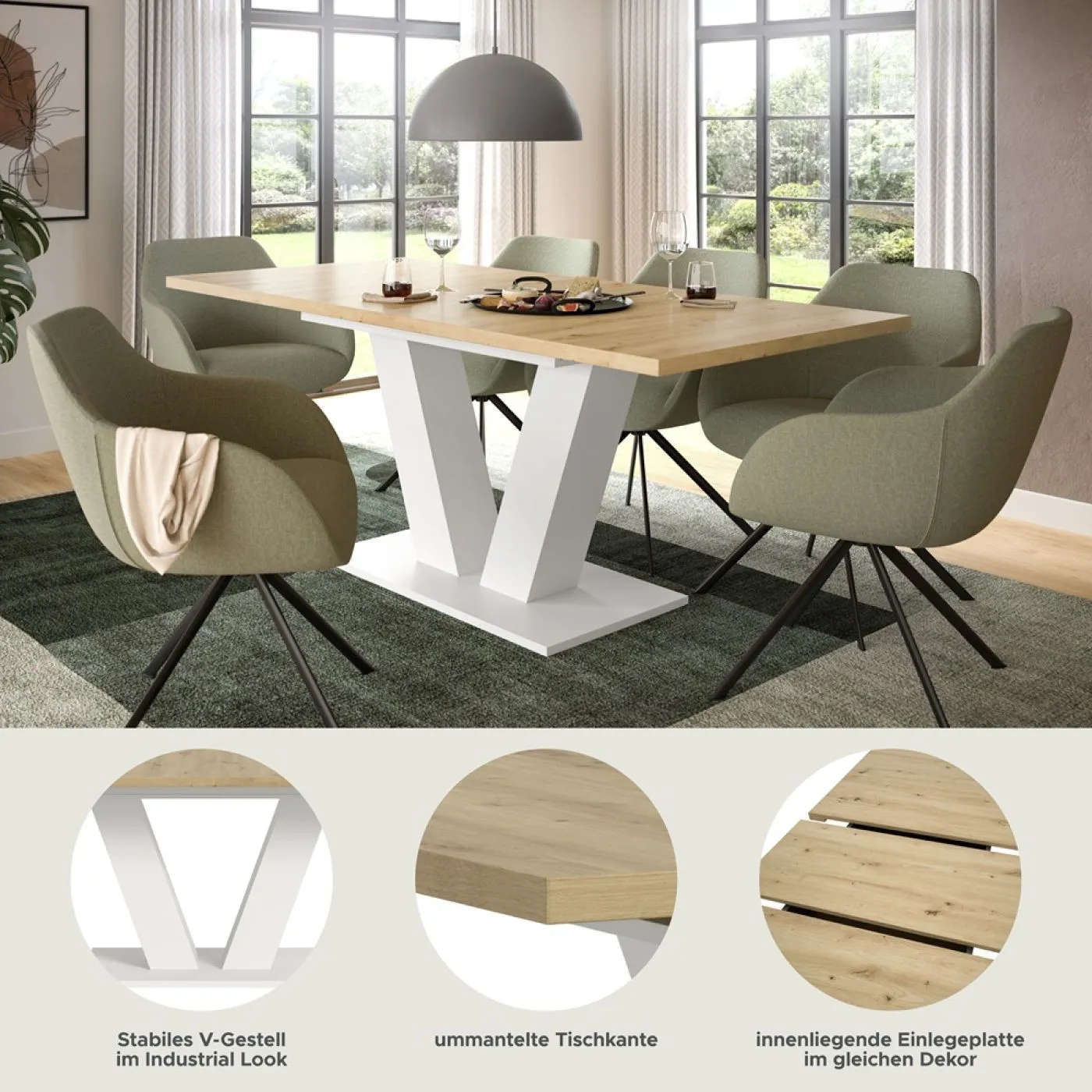 Esstisch Motion | ausziehbar | V-Fußgestell in weiß | Artisan Eiche / weiß | 150(190)x90