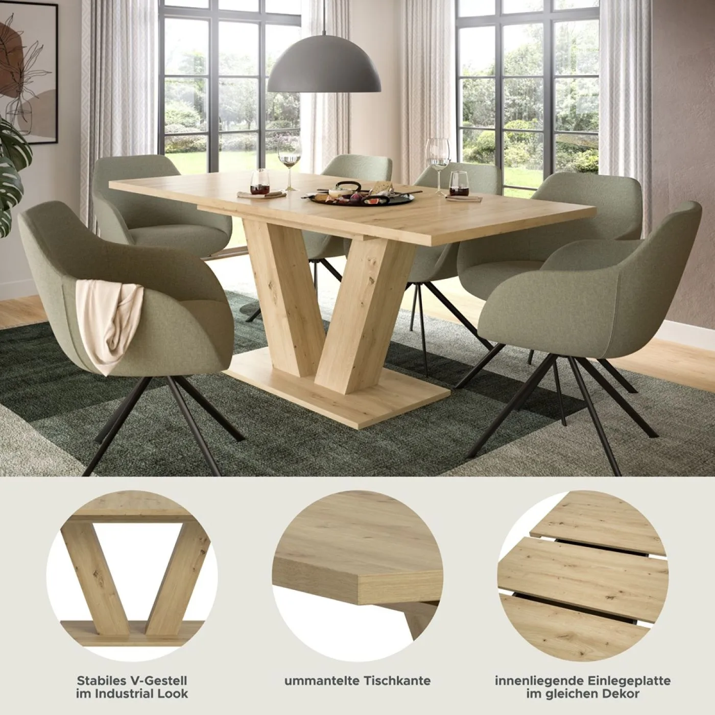 Esstisch Motion | ausziehbar | V-Fußgestell | Eiche Artisan | 150(190)x90