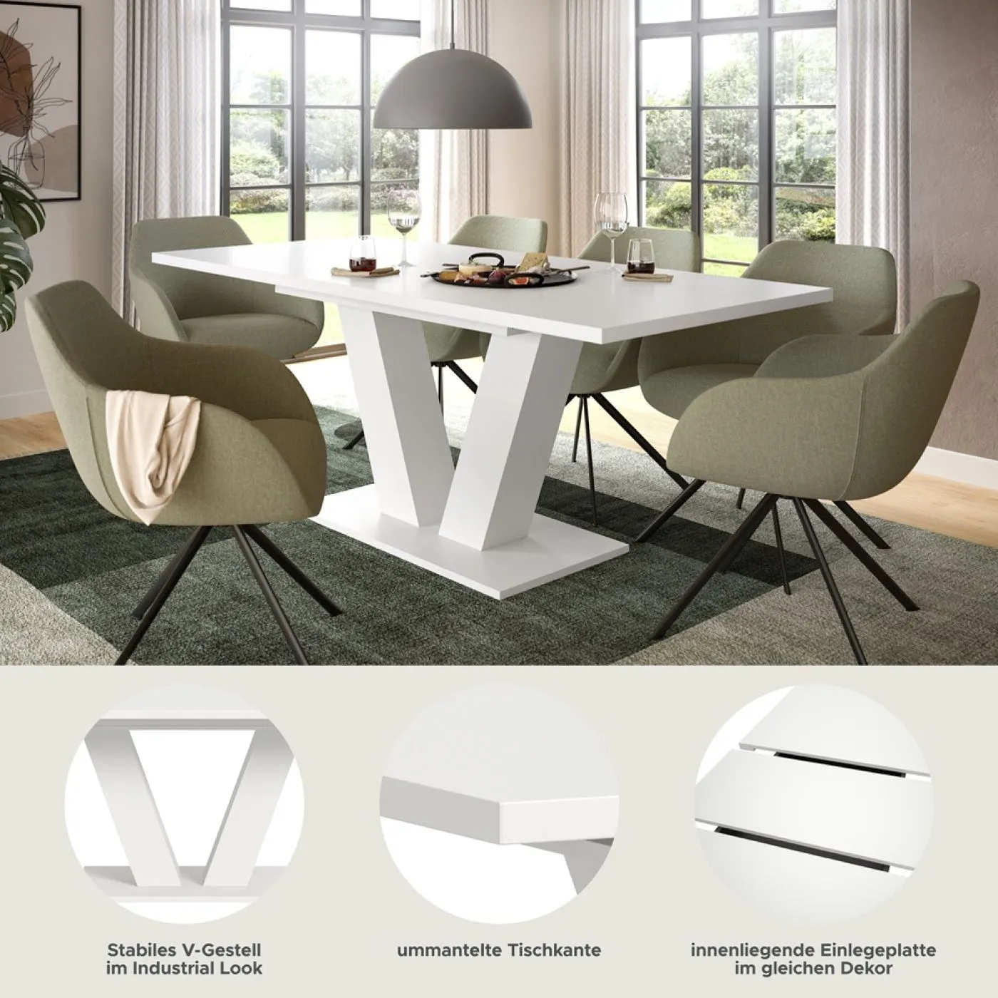 Esstisch Motion | ausziehbar | V-Fußgestell | weiß | 150(190)x90