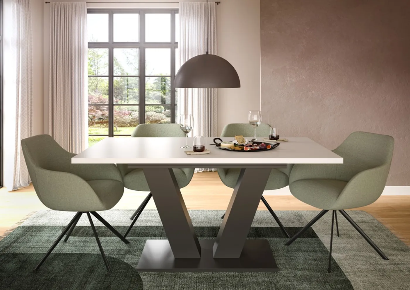 Esstisch Motion | ausziehbar | V-Fußgestell | weiß / grau | 150(190)x90