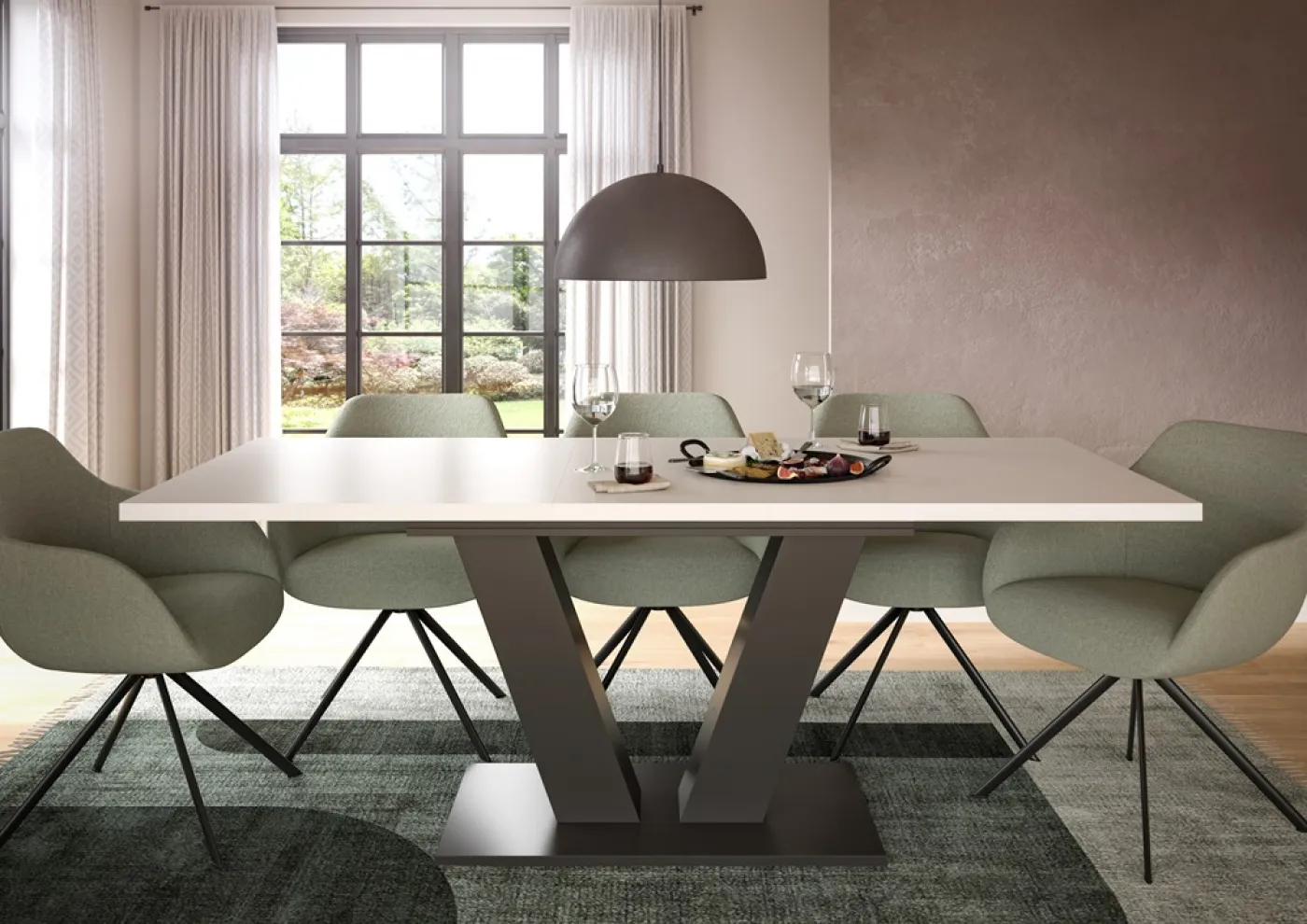 Esstisch Motion | ausziehbar | V-Fußgestell | weiß / grau | 150(190)x90