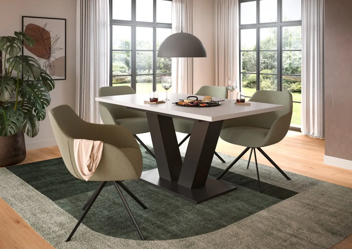 Esstisch Motion | ausziehbar | V-Fußgestell | weiß / grau | 150(190)x90