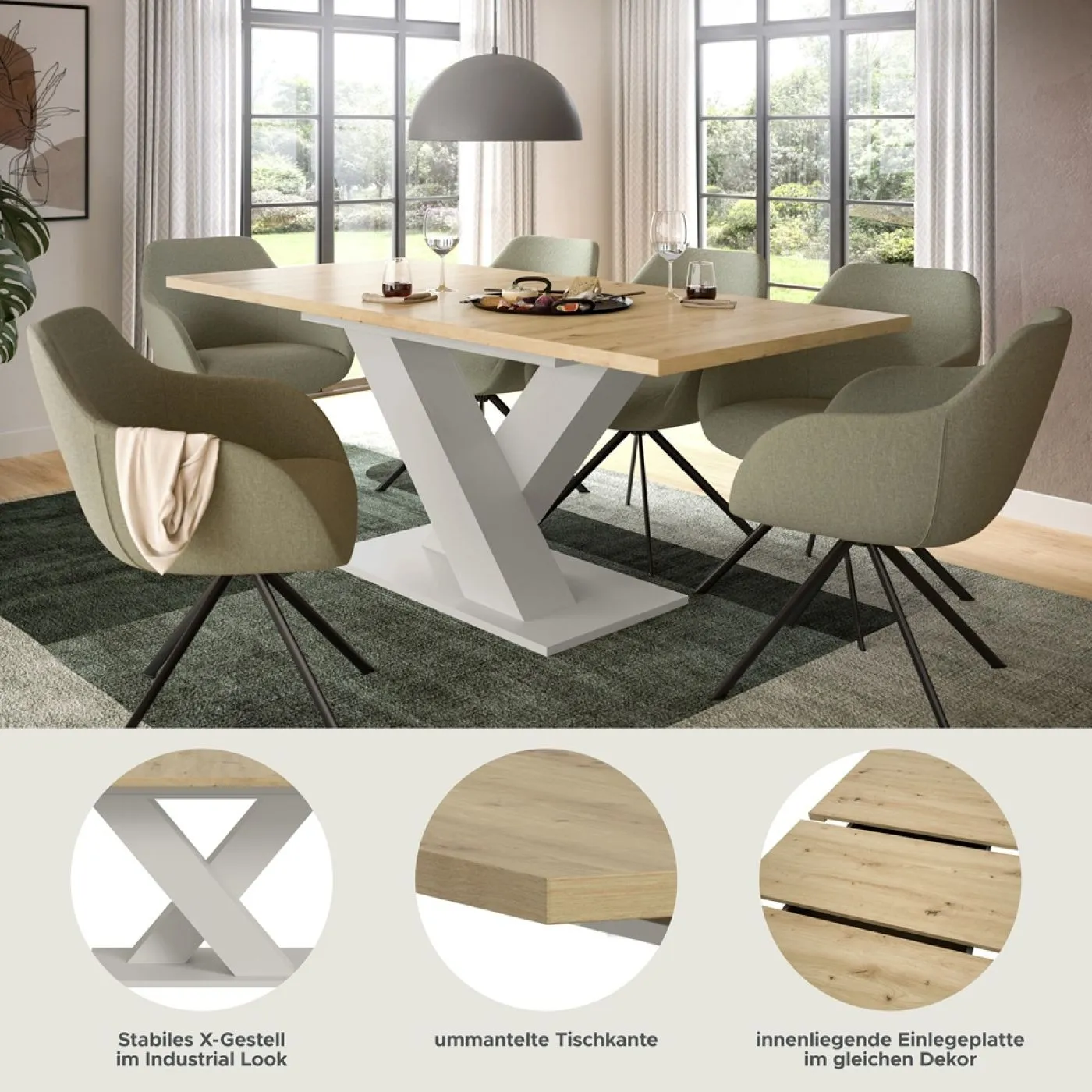 Esstisch Motion | ausziehbar | X-Fuß | Kaschmir/ Artisan | 150(190)x90