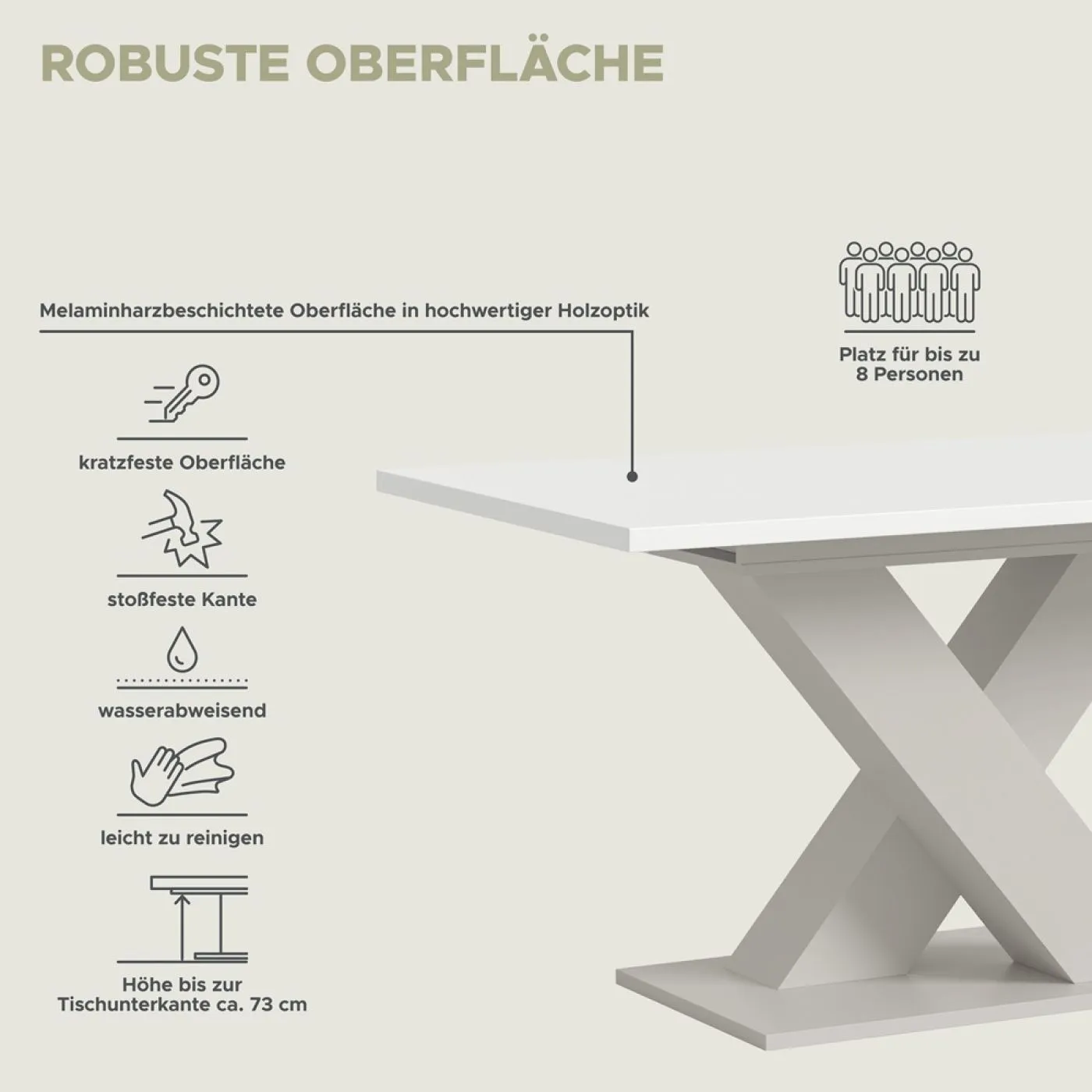 Esstisch Motion | ausziehbar | X-Fuß | weiß / Kaschmir | 150(190)x90