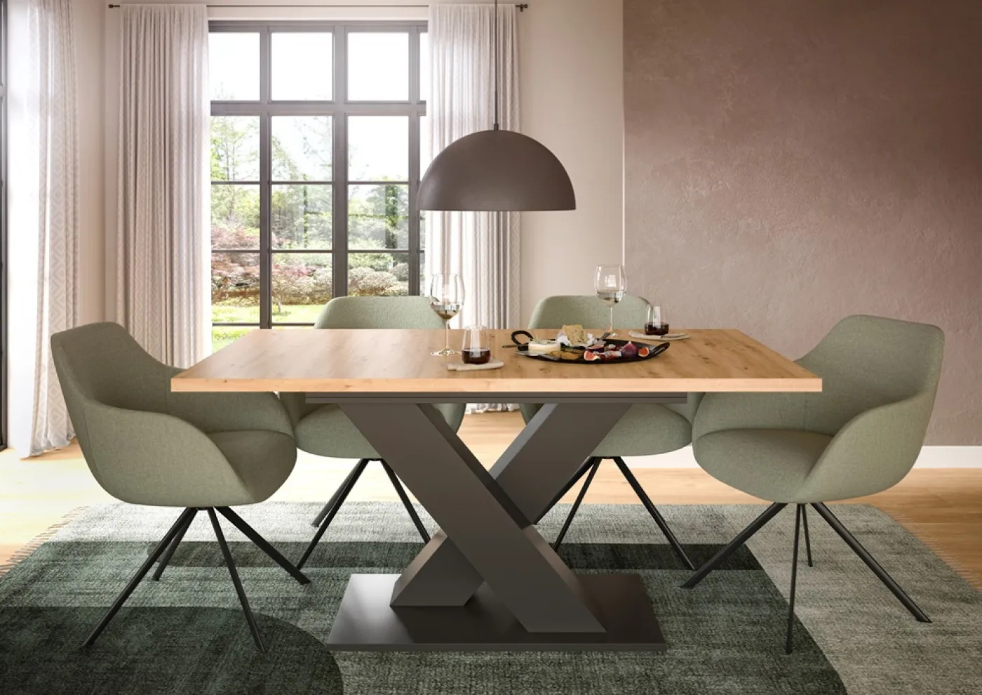 Esstisch Motion | ausziehbar | X-Fußgestell | Artisan Eiche / grau | 150(190)x90