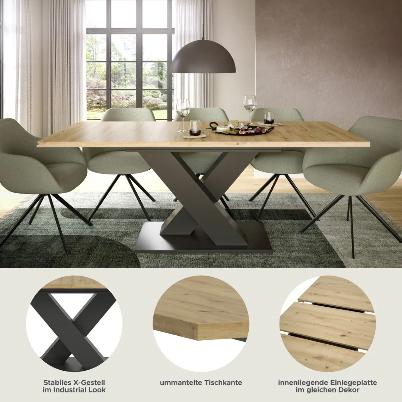 Esstisch Motion | ausziehbar | X-Fußgestell | Artisan Eiche / grau | 150(190)x90