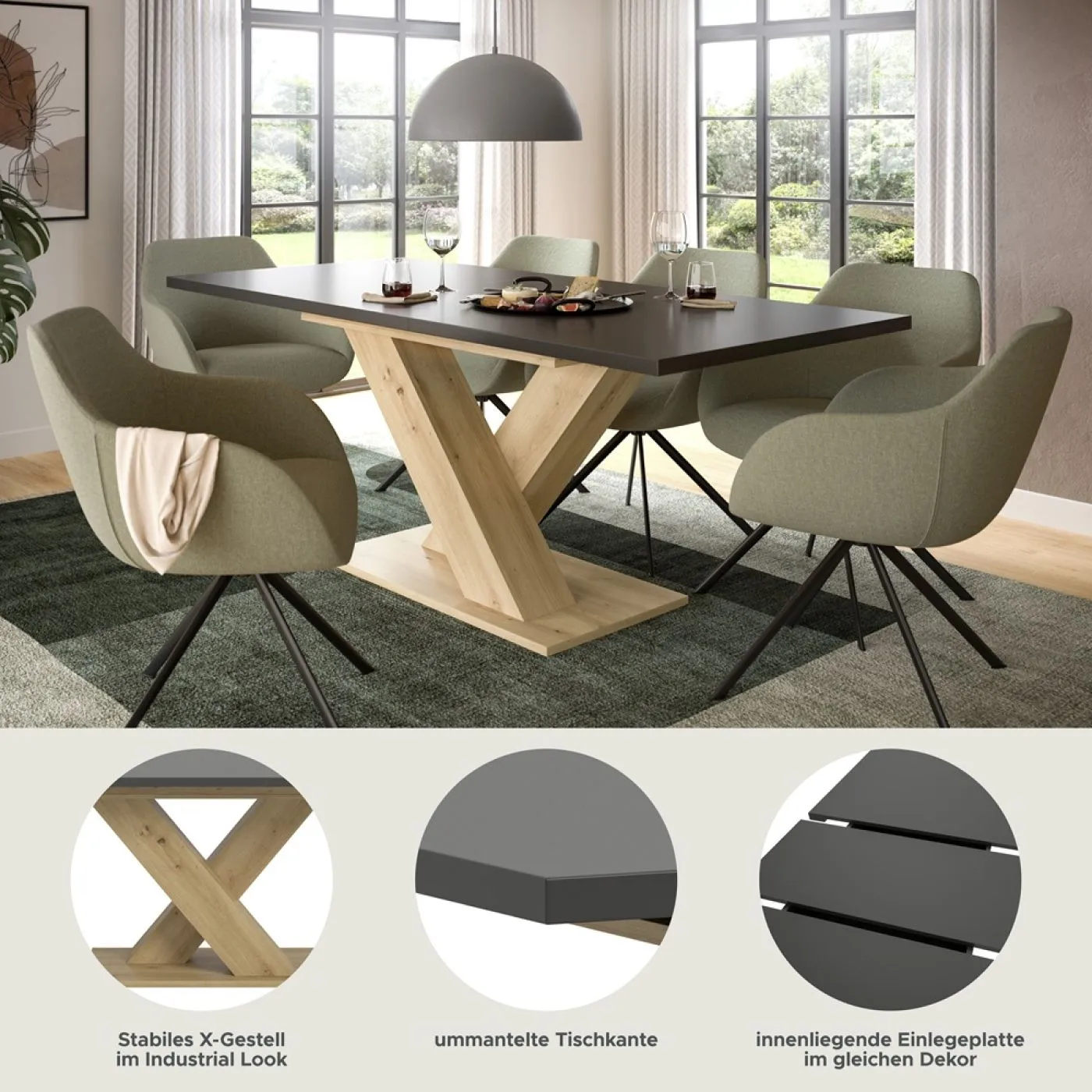 Esstisch Motion | ausziehbar | X-Fußgestell | Artisan Eiche / grau | 150(190)x90