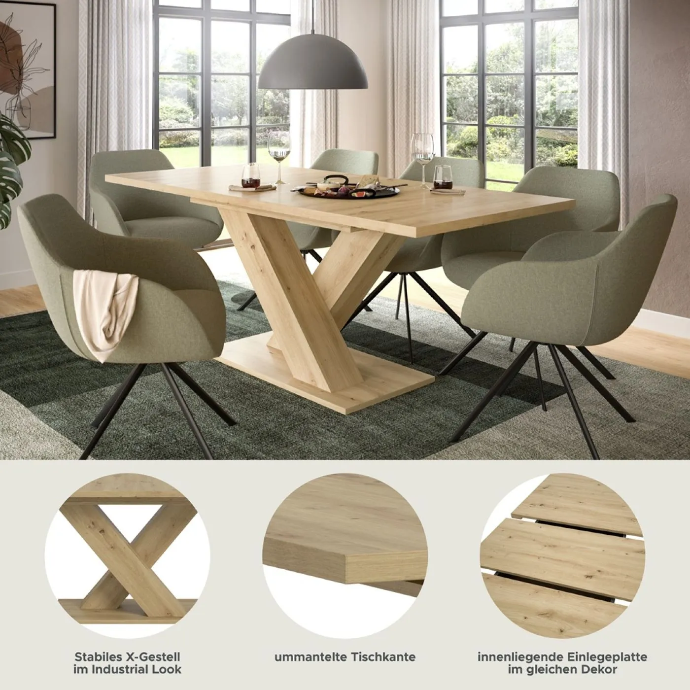 Esstisch Motion | ausziehbar | X-Fußgestell | Eiche Artisan | 150(190)x90