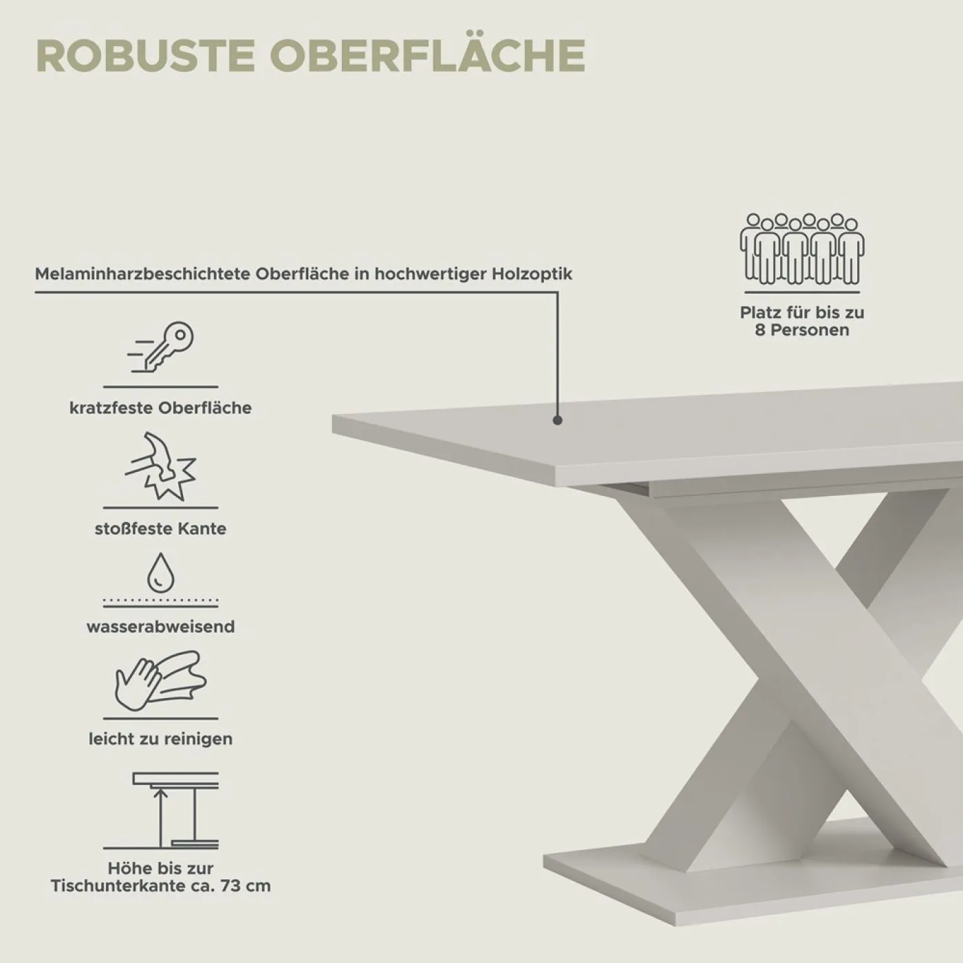 Esstisch Motion | ausziehbar | X-Fußgestell | Kaschmir | 150(190)x90