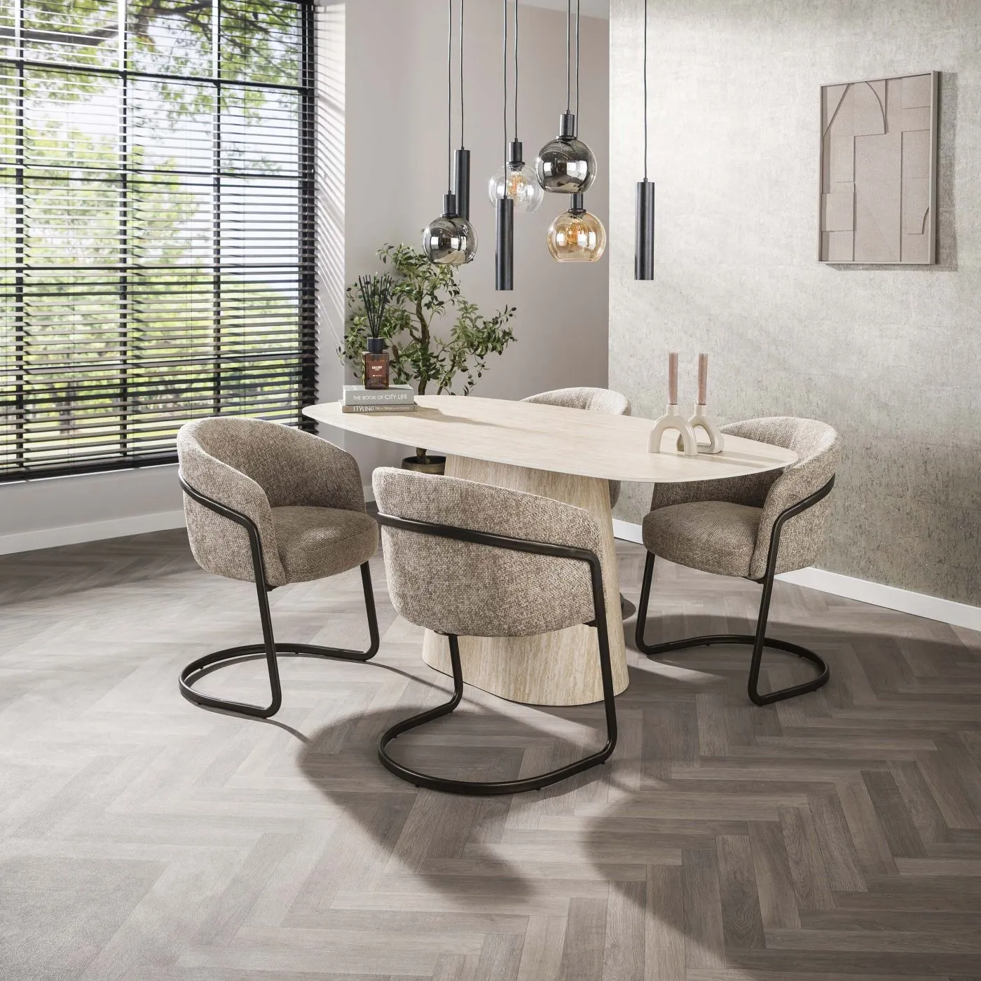 Esstisch Noda | oval | 180 cm | 3D Keramik | Travertin