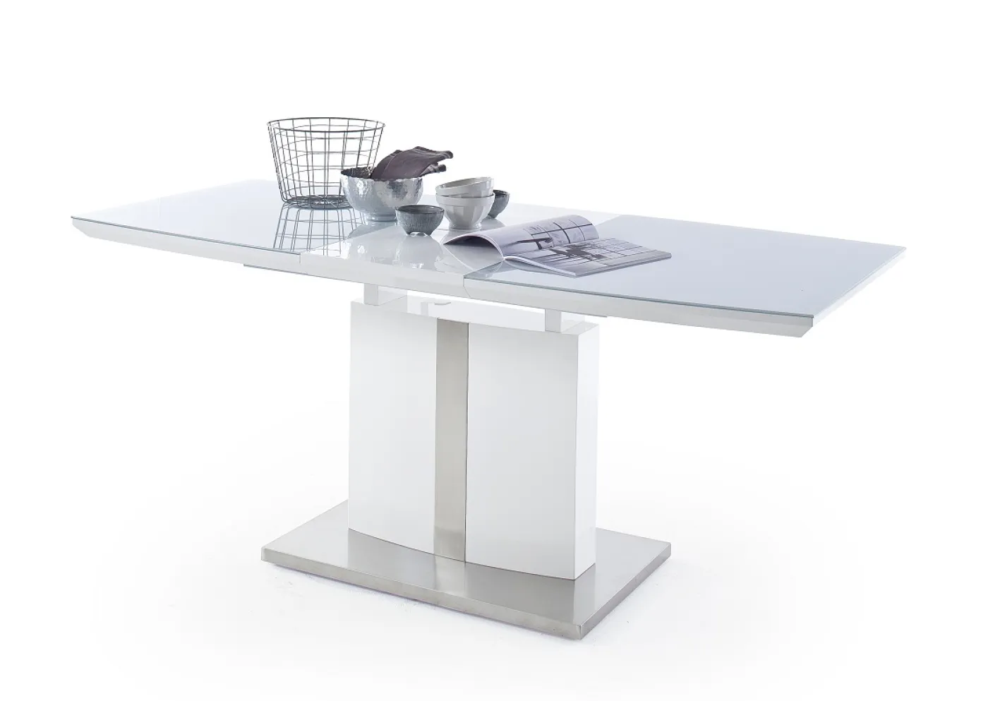 Esstisch Säulentisch Najuma | Bootsform | weiß Hochglanz | ausziehbar | 140(180) x 76