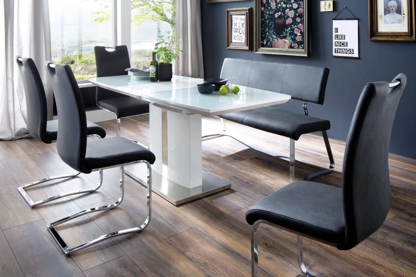 Esstisch Säulentisch Najuma | Bootsform | weiß Hochglanz | ausziehbar | 140(180) x 76