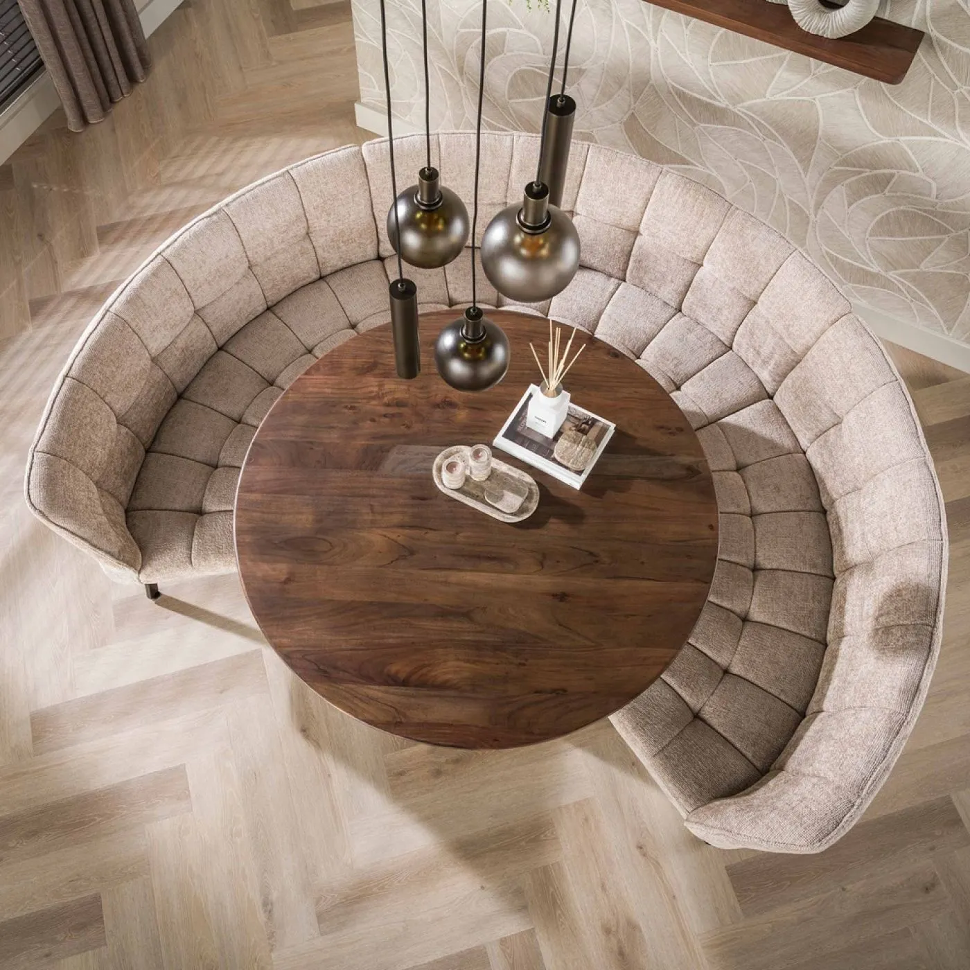 Esszimmerbank Selene 3-teilig 245cm | Rund | Hoven Stoff / Chenille | sand-braun