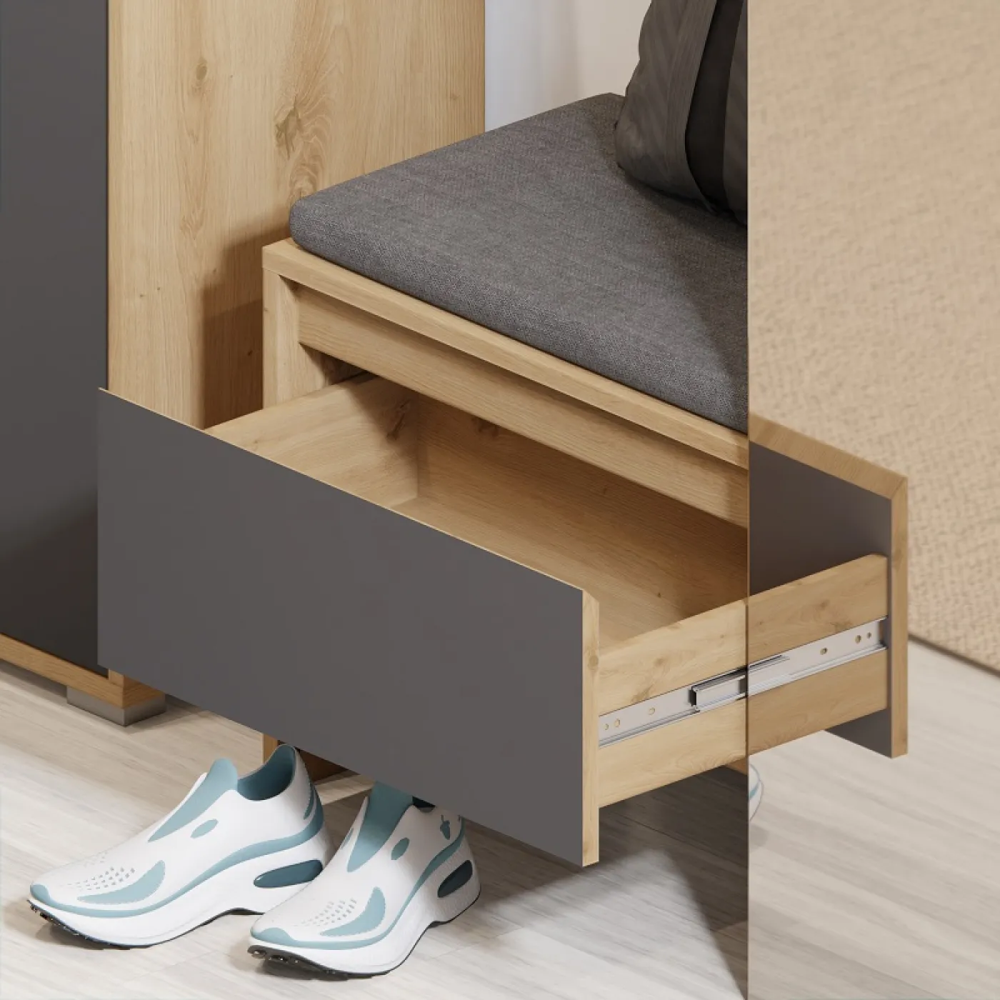 Garderobe Garderobenschrank Garderobenpaneel Torino | Eiche / grau ohne Sitzkissen