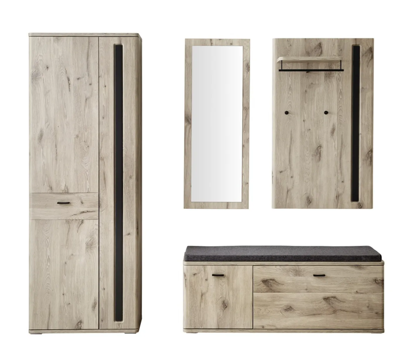 Garderoben Set 2 Colorado | Viking Oak / Graphit schwarz | 4-teilig mit Sitzkissen