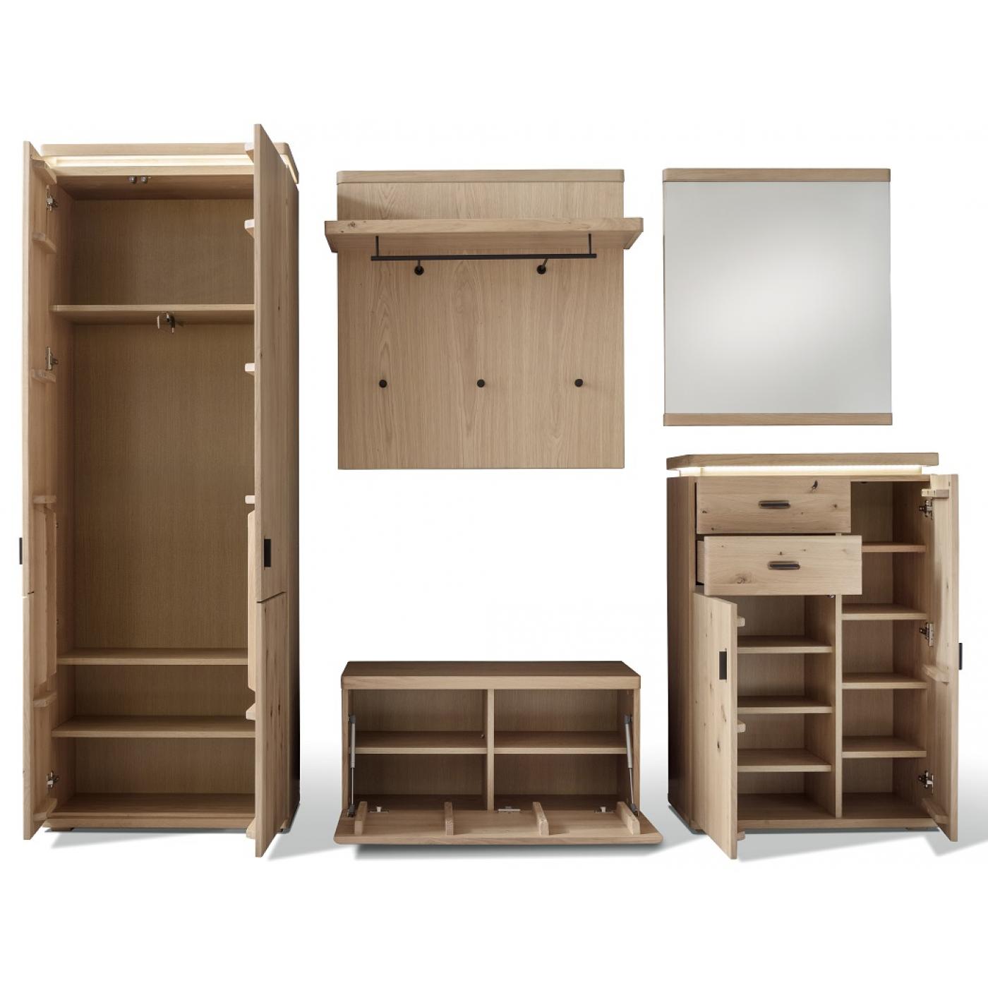 Garderoben Set Barcelona | Balkeneiche Bianco / Eiche Bianco | 5-teilig | inkl. LED Beleuchtung