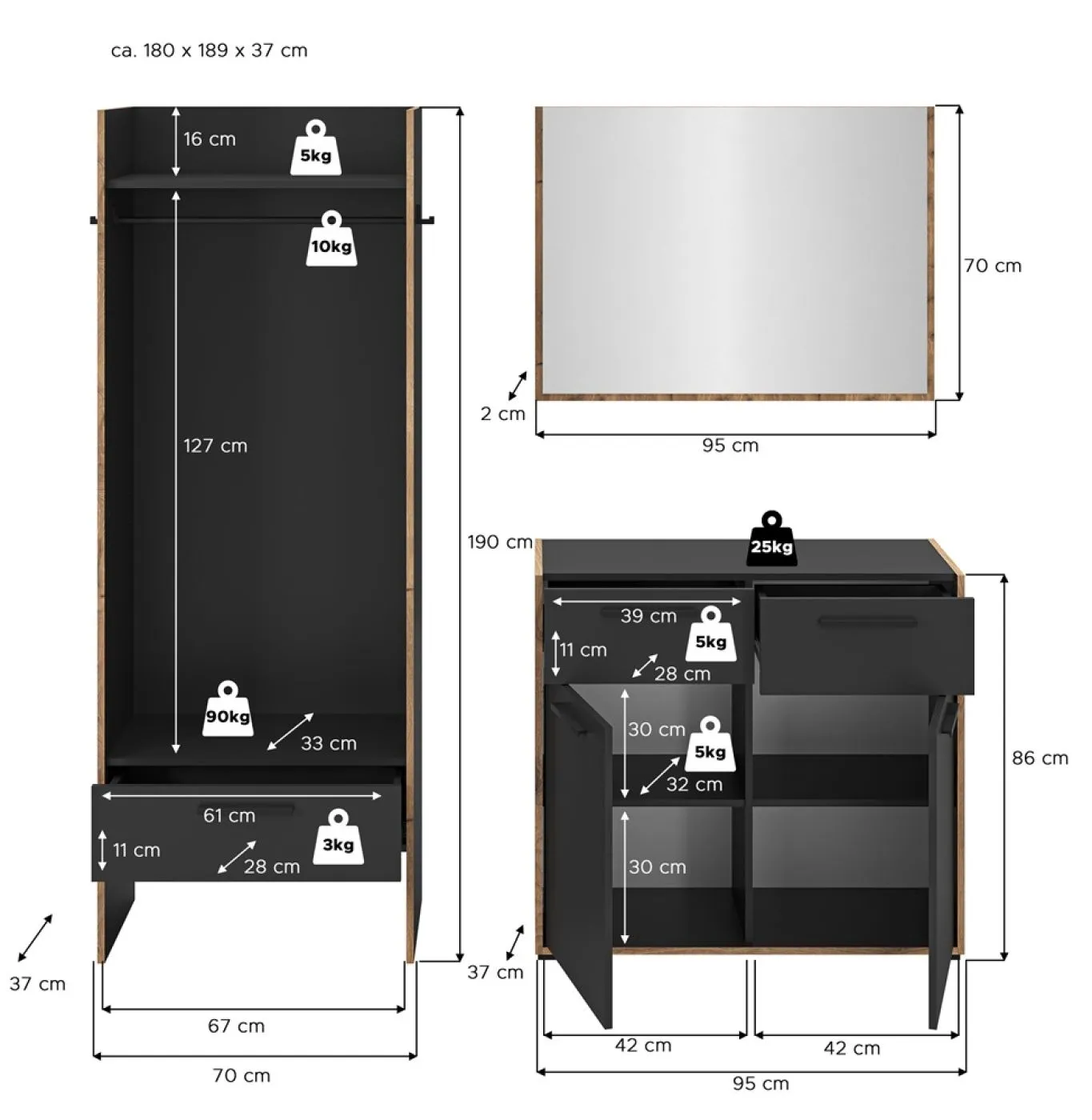 Garderoben-Set Bueno 1 | Basalt grau / Nox Oak | 3-teilig