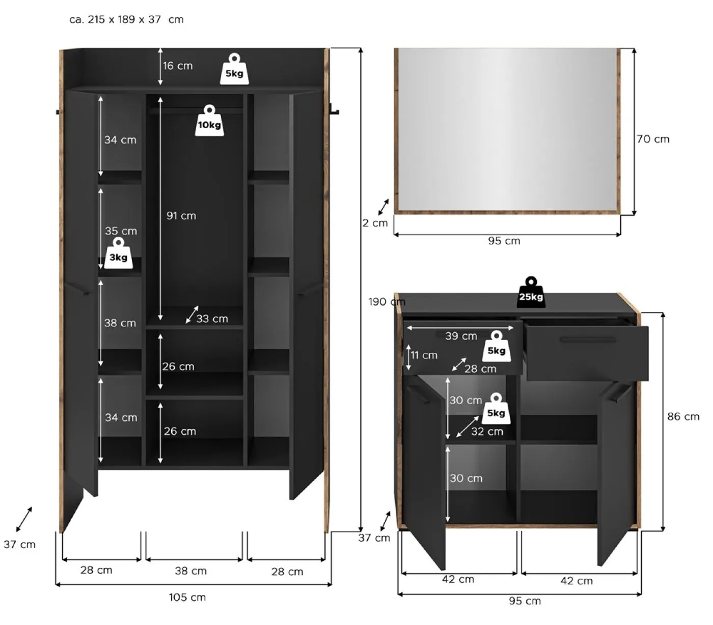 Garderoben-Set Bueno 2 | Basalt grau / Nox Oak | 3-teilig