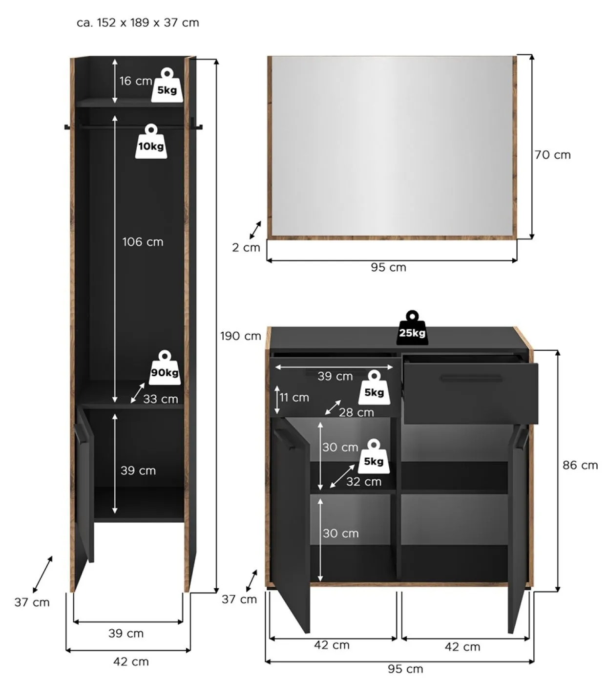 Garderoben-Set Bueno | Basalt grau / Nox Oak | 3-teilig