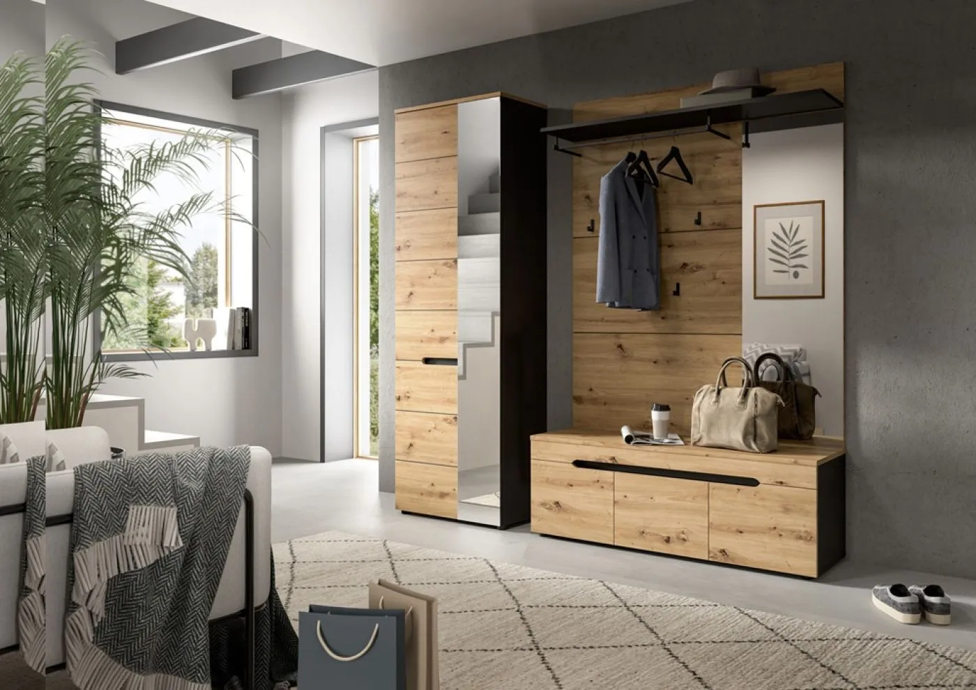 Garderoben-Set Canu 1 Basalt| grau / Artisan Eiche | 3-teilig mit Sitzkissen