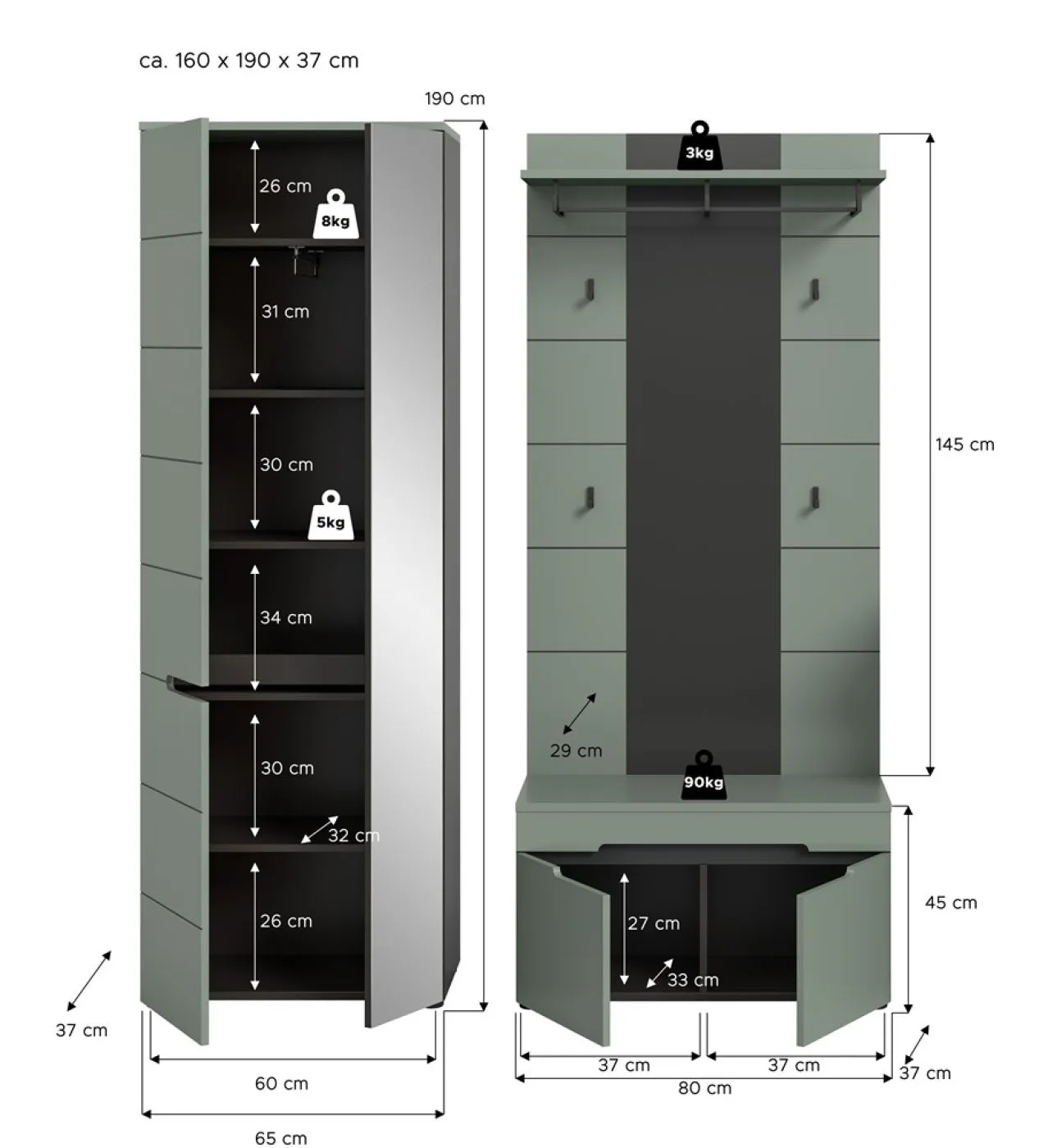 Garderoben-Set Canu 1 | Basalt grau / Smoke Green | 3-teilig ohne