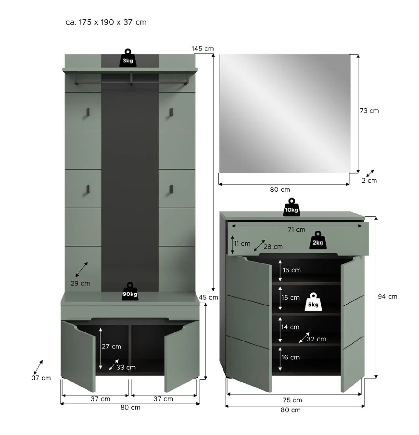 Garderoben-Set Canu 1 | Basalt grau / Smoke Green | 4-teilig