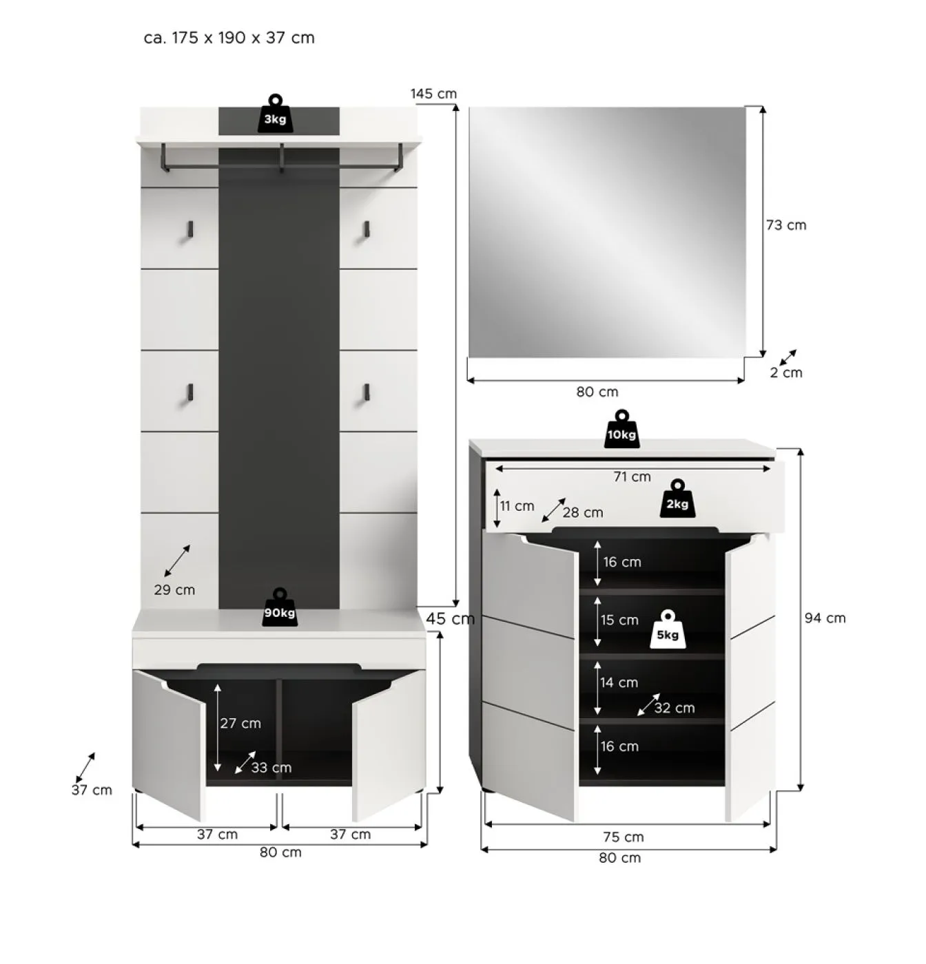 Garderoben-Set Canu 1 | Basalt grau / Weiß | 4-teilig ohne