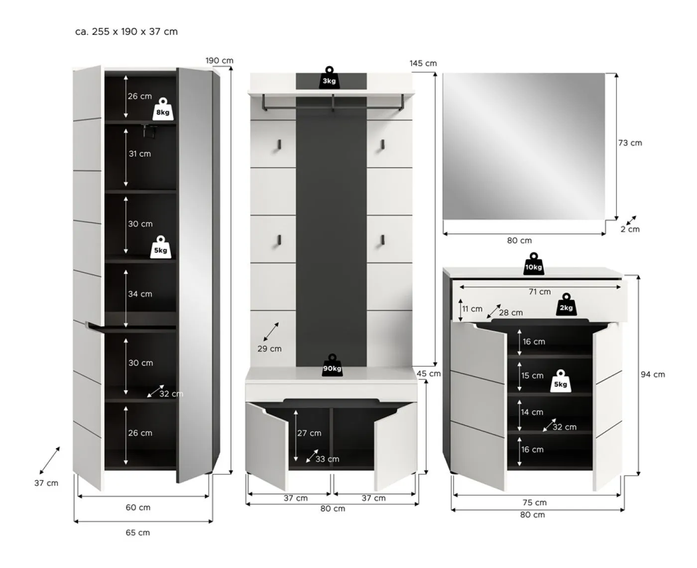 Garderoben-Set Canu 1 | Basalt grau / Weiß | 5-teilig mit Kissen