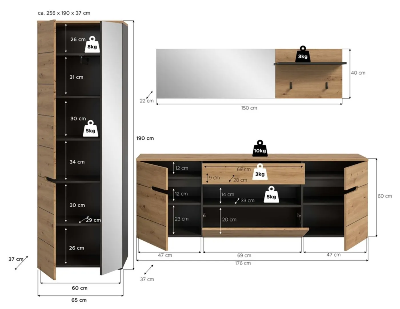 Garderoben-Set Canu 2 | Basalt | grau / Artisan Eiche | 3-teilig