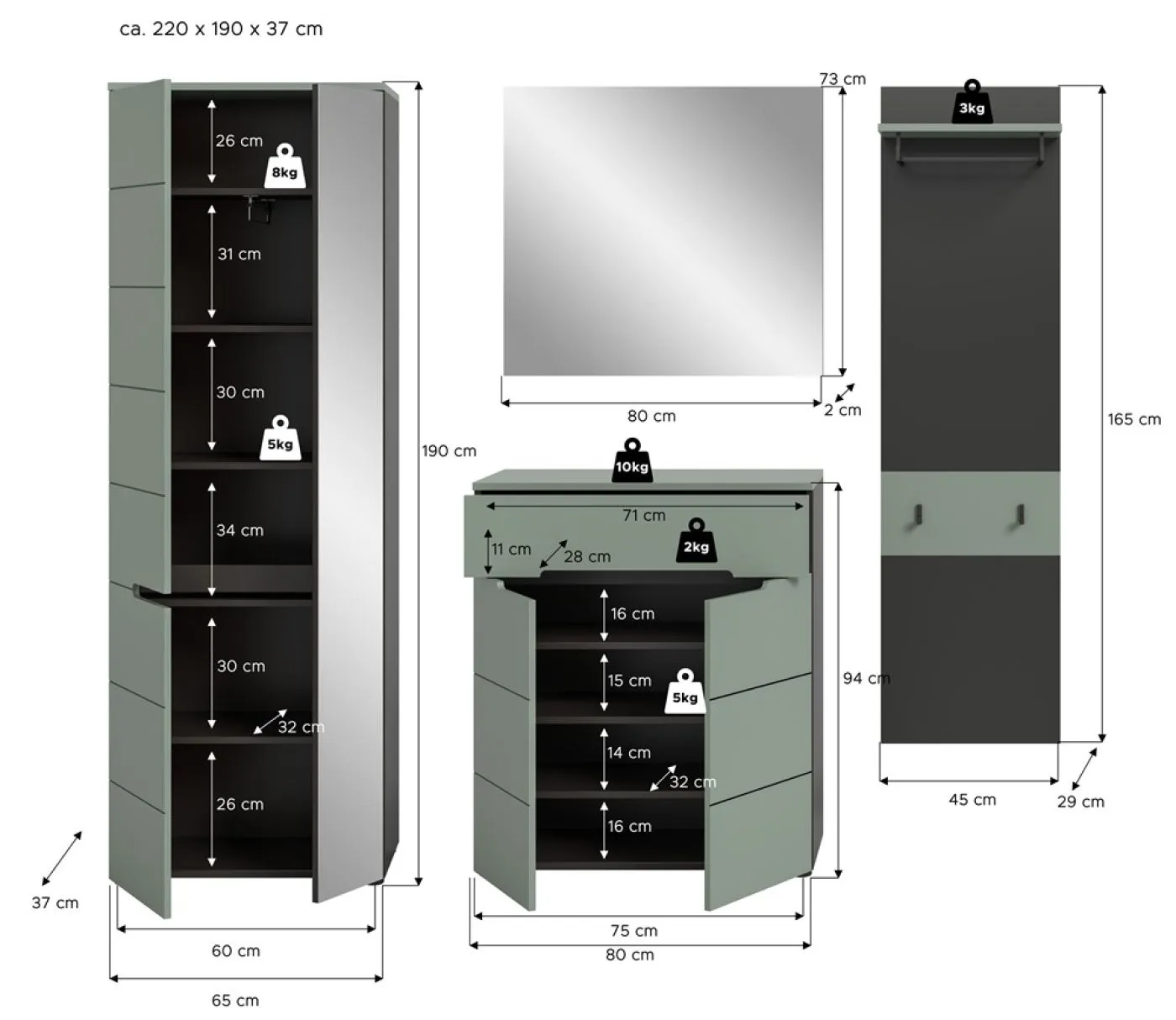 Garderoben-Set Canu 2 | Basalt grau / Smoke Green | 4-teilig