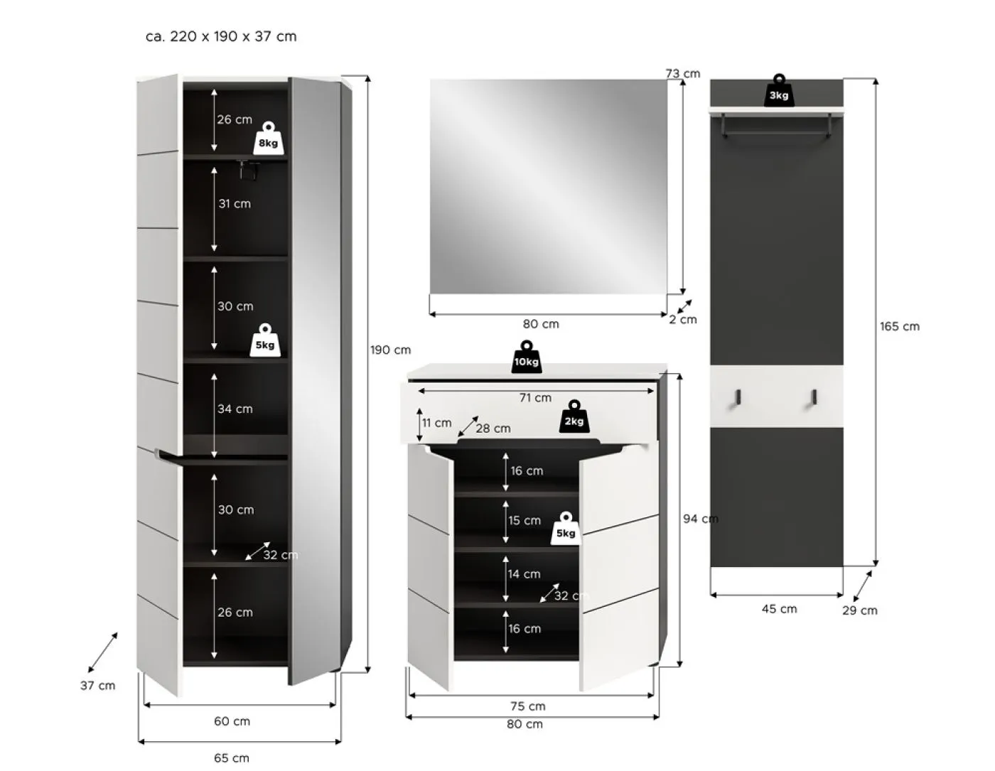 Garderoben-Set Canu 2 | Basalt grau / Weiß | 4-teilig
