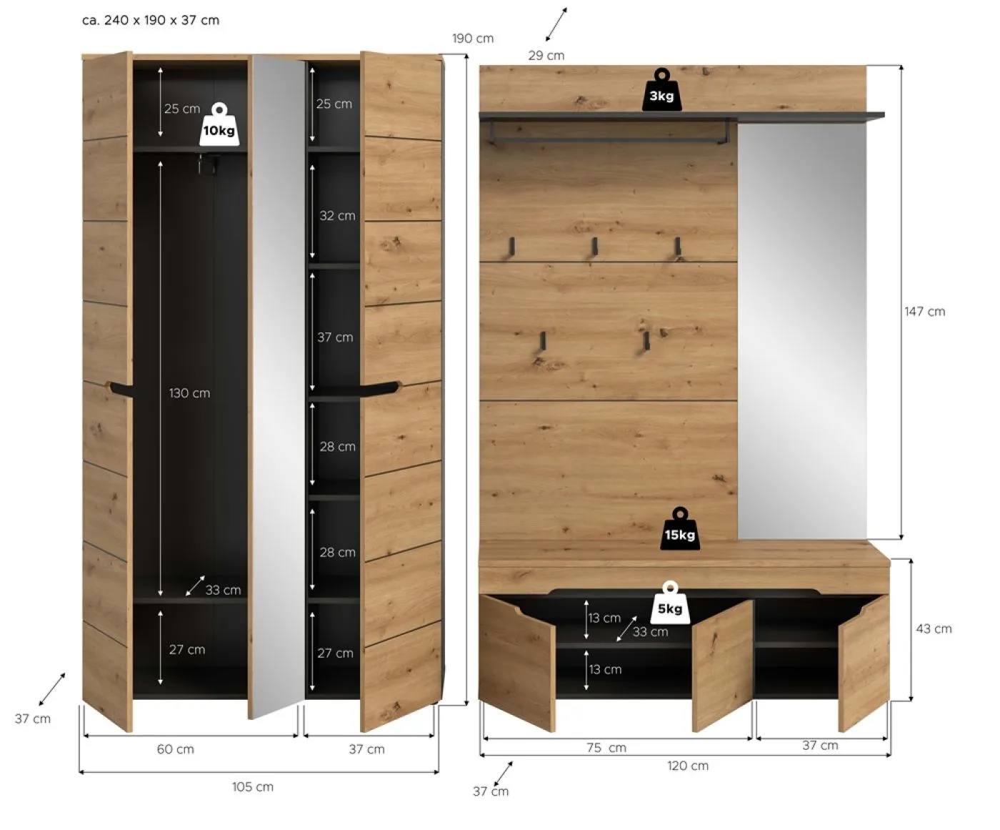 Garderoben-Set Canu 3 | Basalt grau / Artisan Eiche | 3-teilig mit Sitzkissen