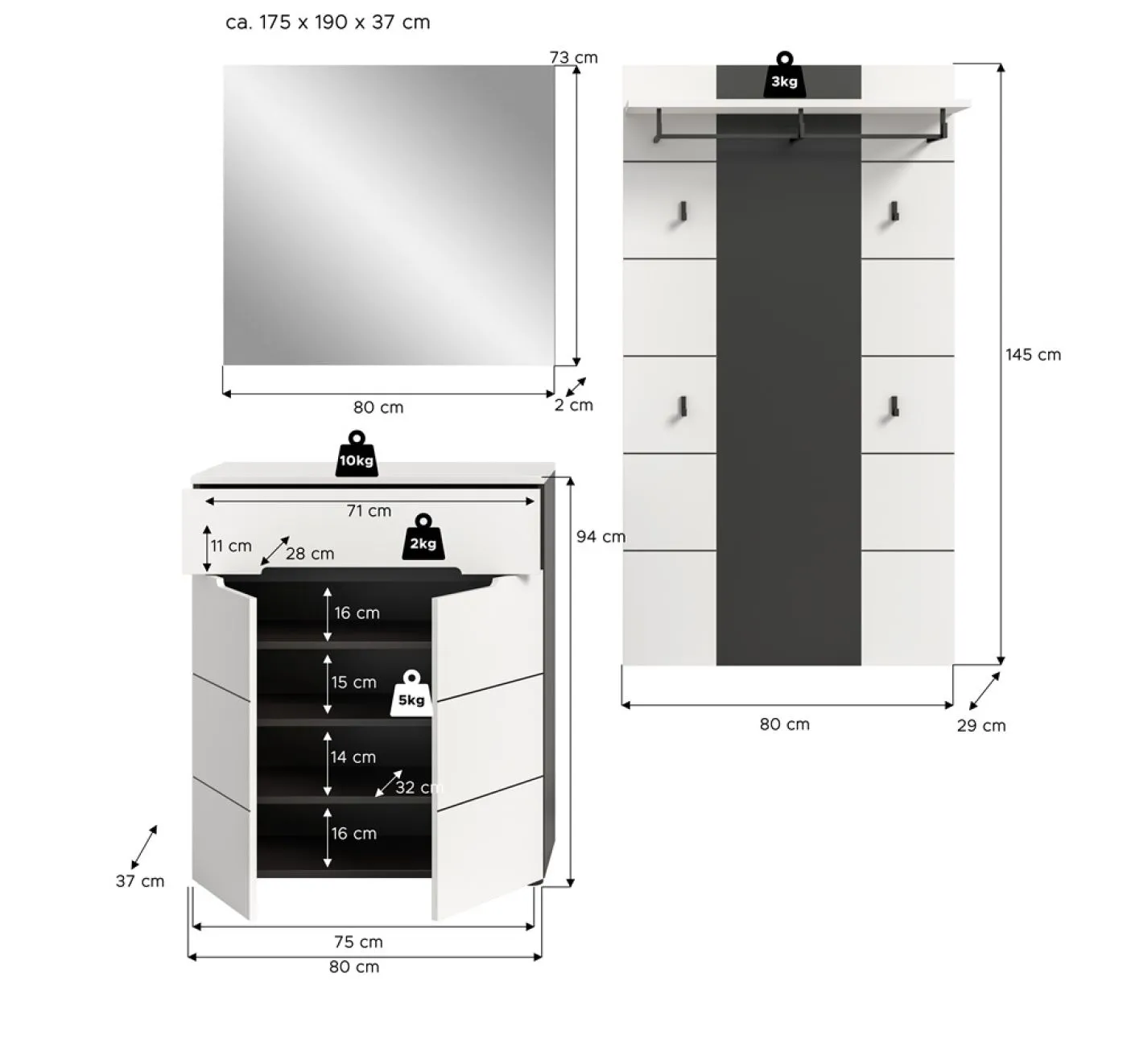 Garderoben-Set Canu 3 | Basalt grau / Weiß | 3-teilig
